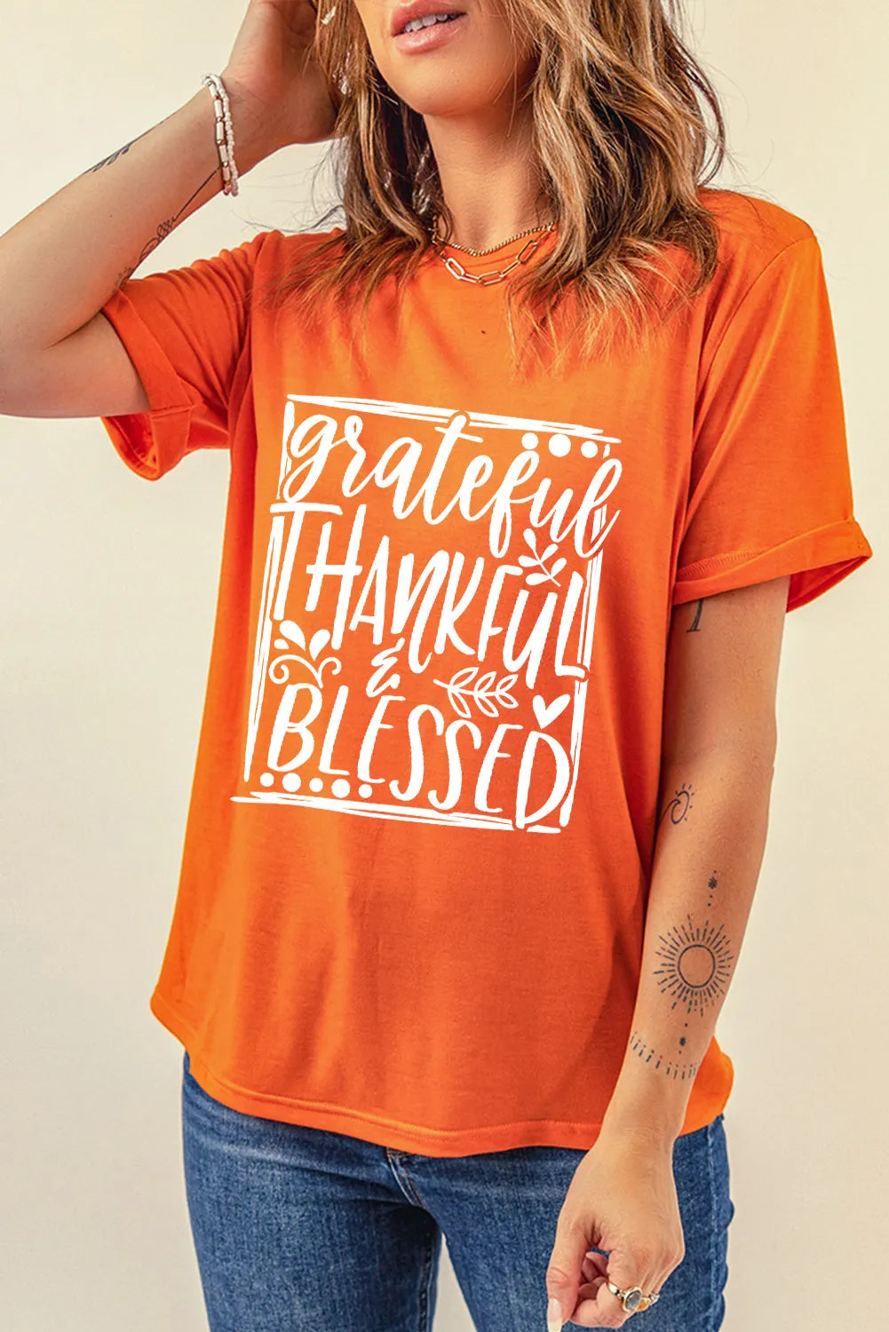 Letter Graphic Round Neck Short Sleeve T-Shirt-TOPS / DRESSES-[Adult]-[Female]-Orange-S-2022 Online Blue Zone Planet