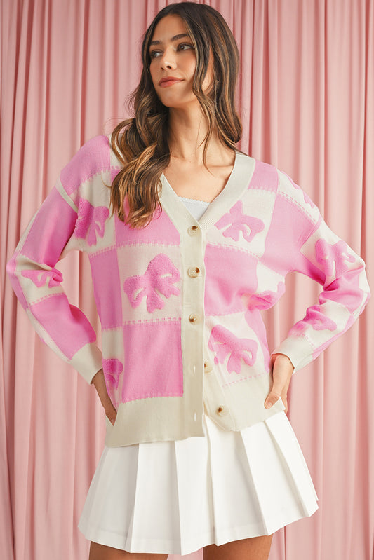 Blue Zone Planet | Pink Bowknot and Checkered Drop Shoulder Cardigan-Cardigans-[Adult]-[Female]-Pink-S-2022 Online Blue Zone Planet