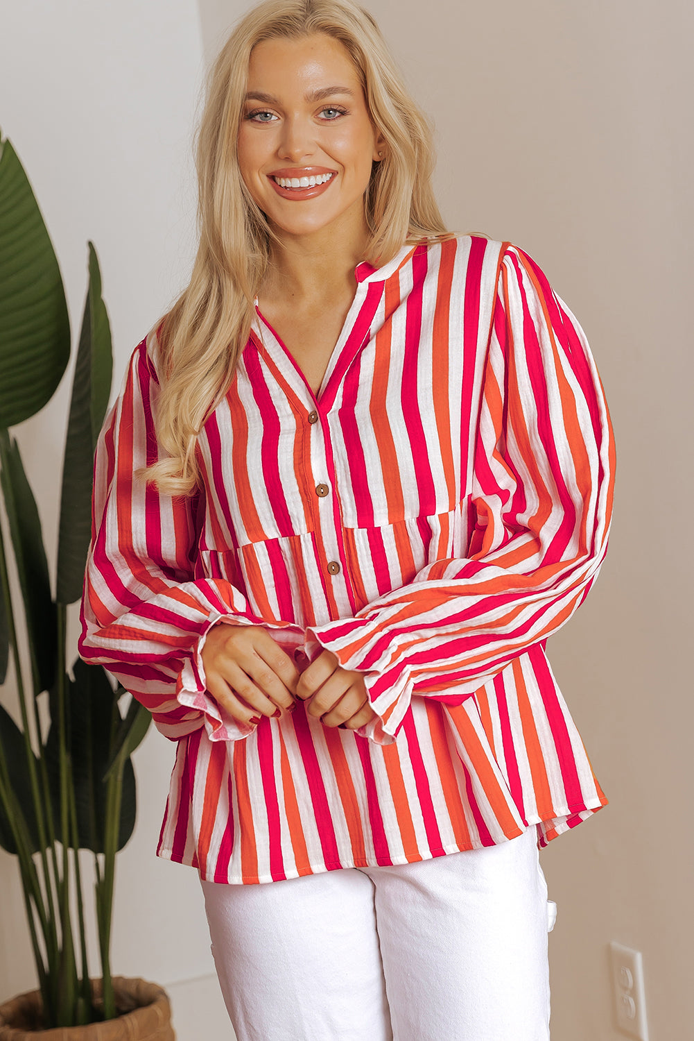 Blue Zone Planet | Orange Stripe Balloon Sleeve Notched V Neck Buttoned Front Blouse-Tops/Blouses & Shirts-[Adult]-[Female]-2022 Online Blue Zone Planet