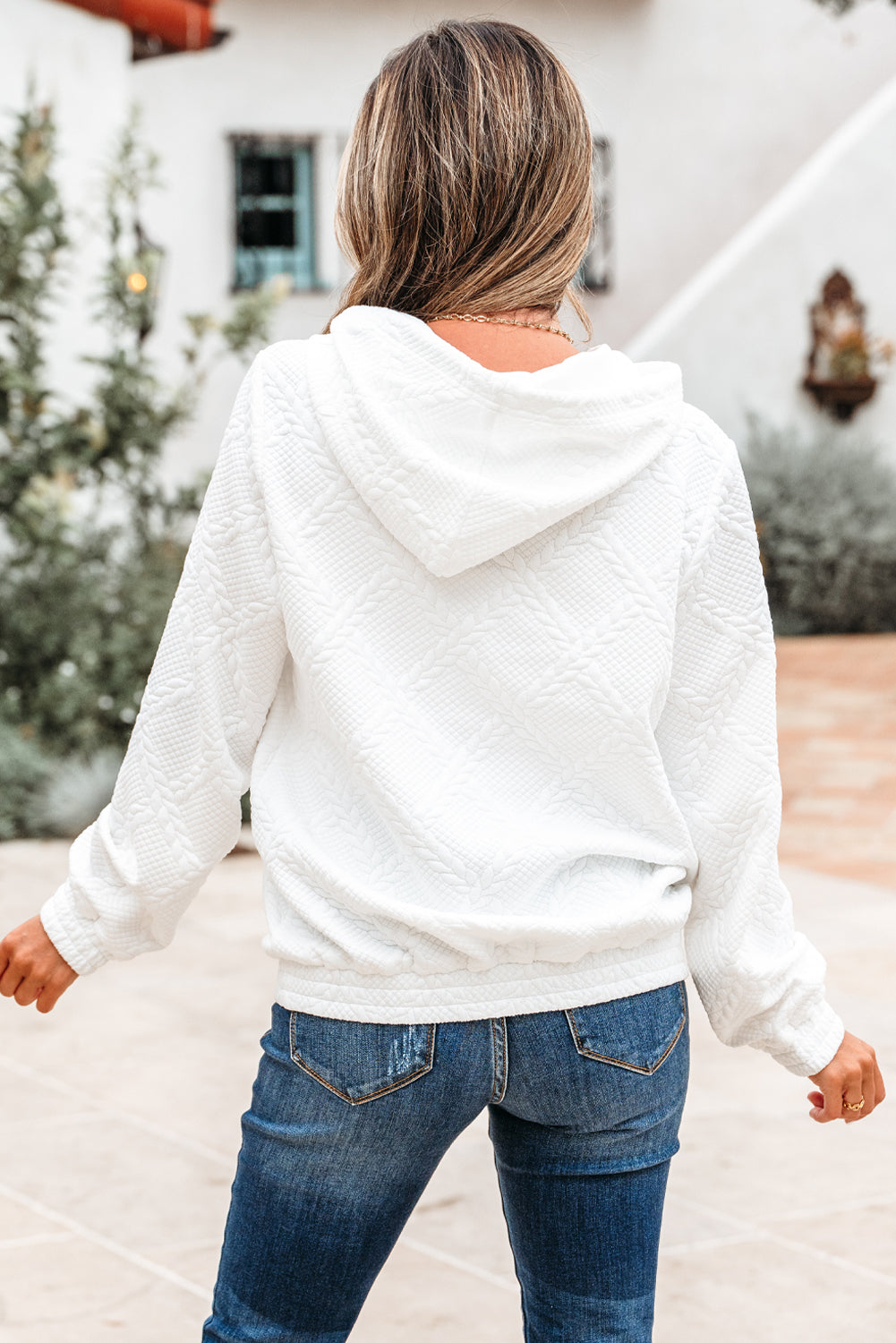 White Cable Lattice Texture Kangaroo Pocket Hoodie-Tops / Dresses-[Adult]-[Female]-2022 Online Blue Zone Planet