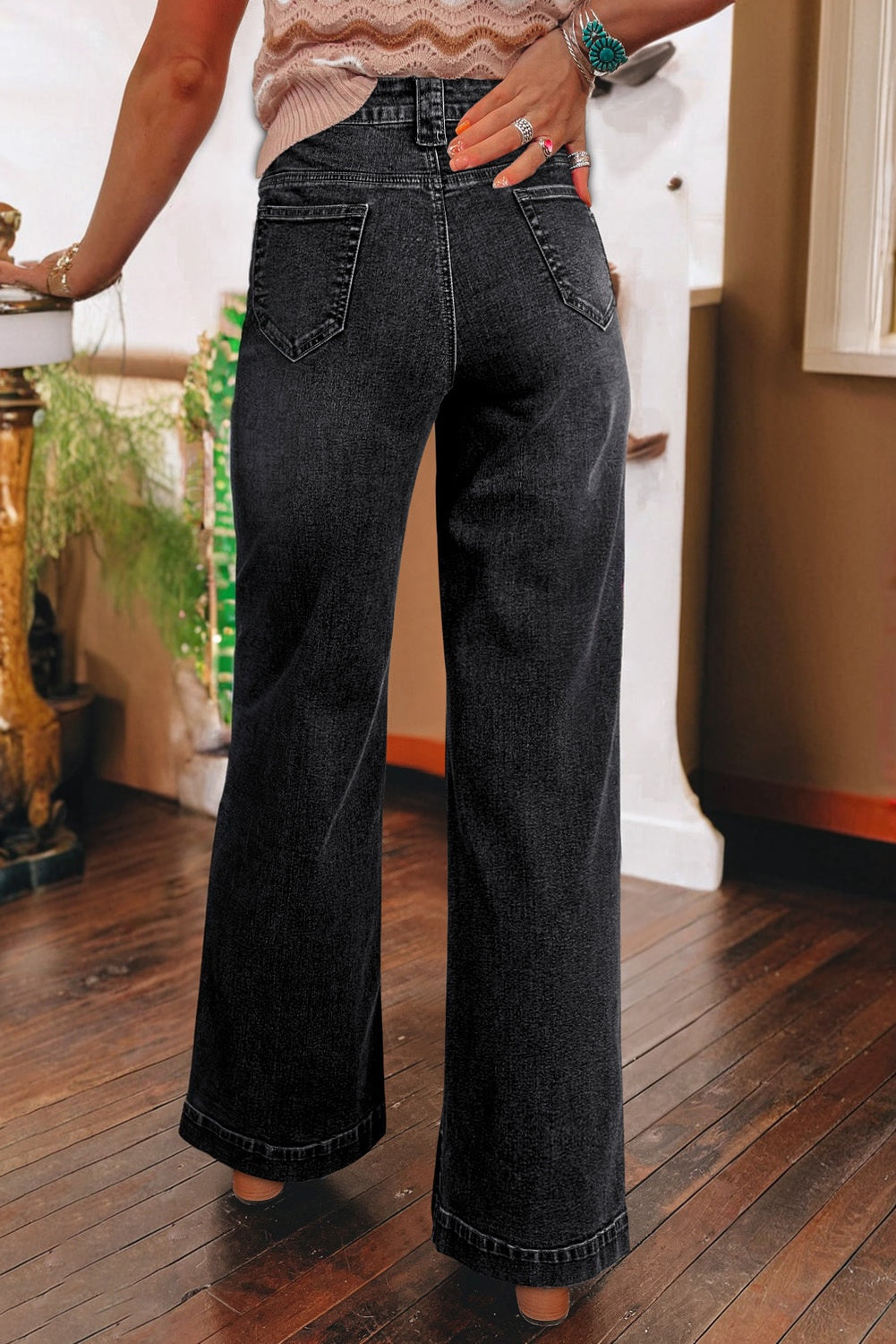 Black Wide Leg Pocketed High Waist Jeans-Bottoms/Jeans-[Adult]-[Female]-2022 Online Blue Zone Planet