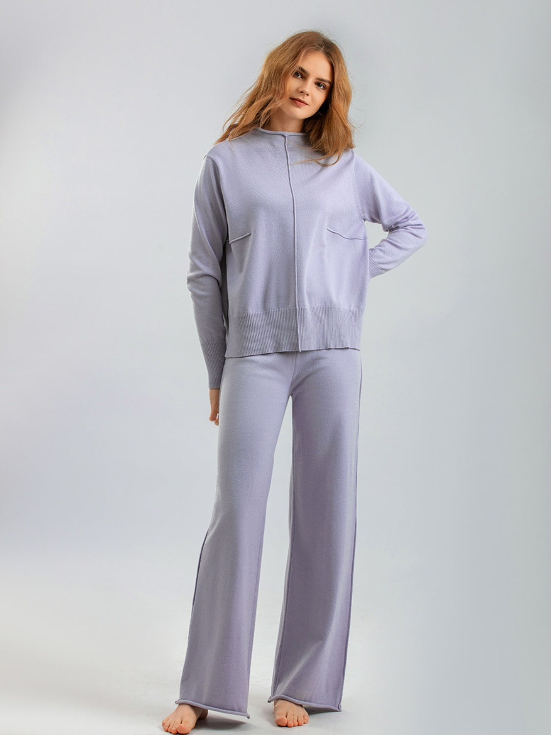 Blue Zone Planet | Basic Bae Mock Neck Long Sleeve Top and Pants Sweater Set-TOPS / DRESSES-[Adult]-[Female]-Lavender-One Size-2022 Online Blue Zone Planet