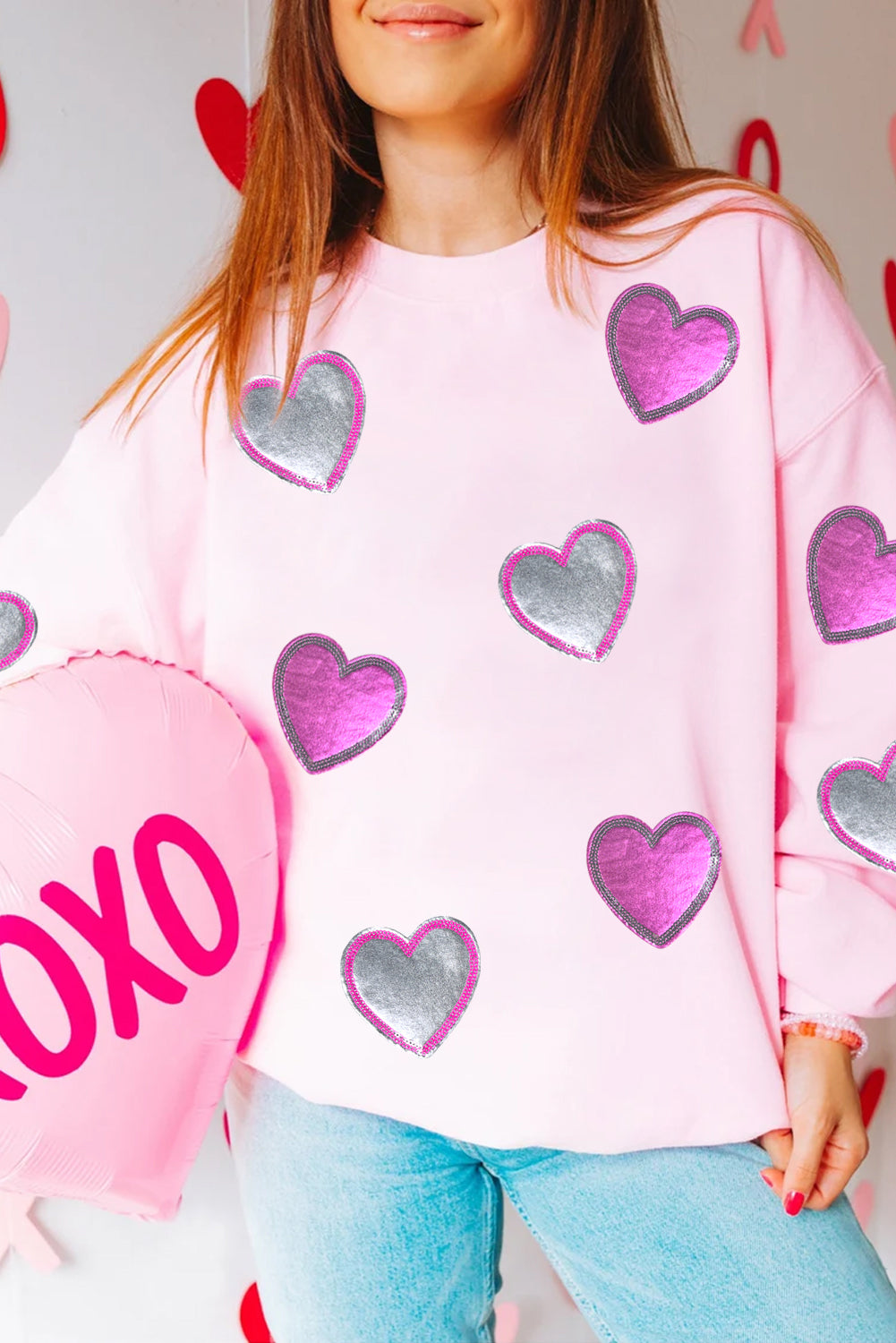 Blue Zone Planet | Pink Valentines Heart Patched Drop Shoulder Sweatshirt-Graphic Sweatshirts-[Adult]-[Female]-Pink-S-2022 Online Blue Zone Planet