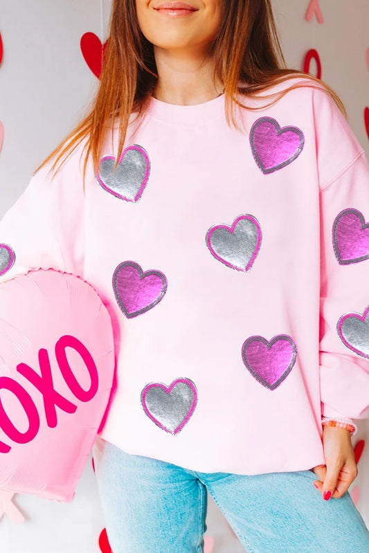 Blue Zone Planet | Pink Valentines Heart Patched Drop Shoulder Sweatshirt-Graphic Sweatshirts-[Adult]-[Female]-Pink-S-2022 Online Blue Zone Planet