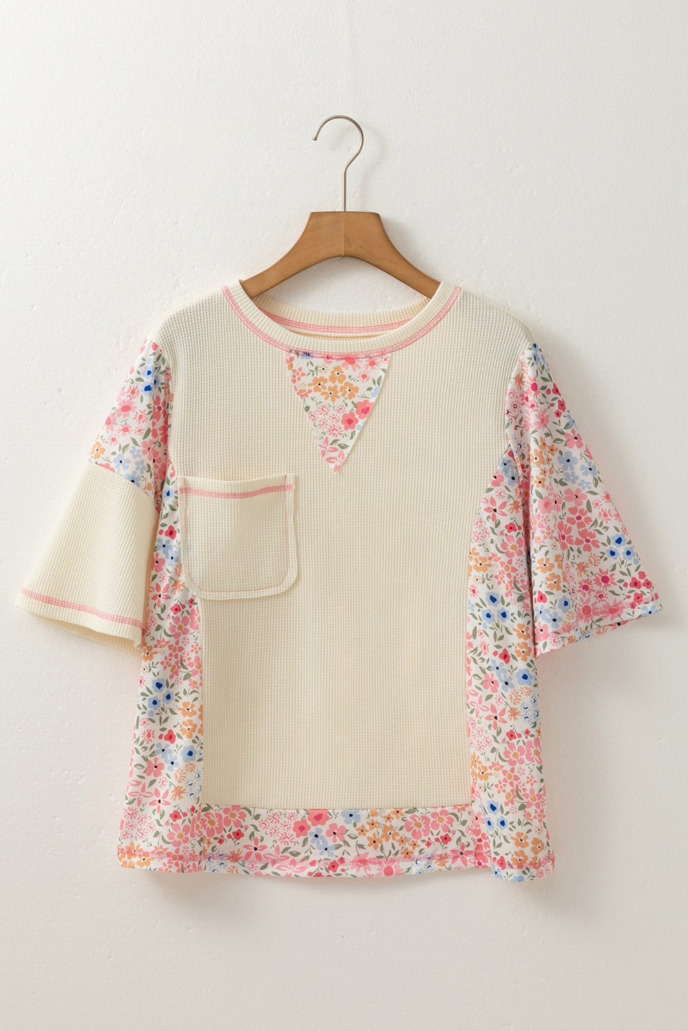 Beige Floral Patchwork Chest Pocket Wide Sleeve Waffle T Shirt-Tops/Tops & Tees-[Adult]-[Female]-2022 Online Blue Zone Planet
