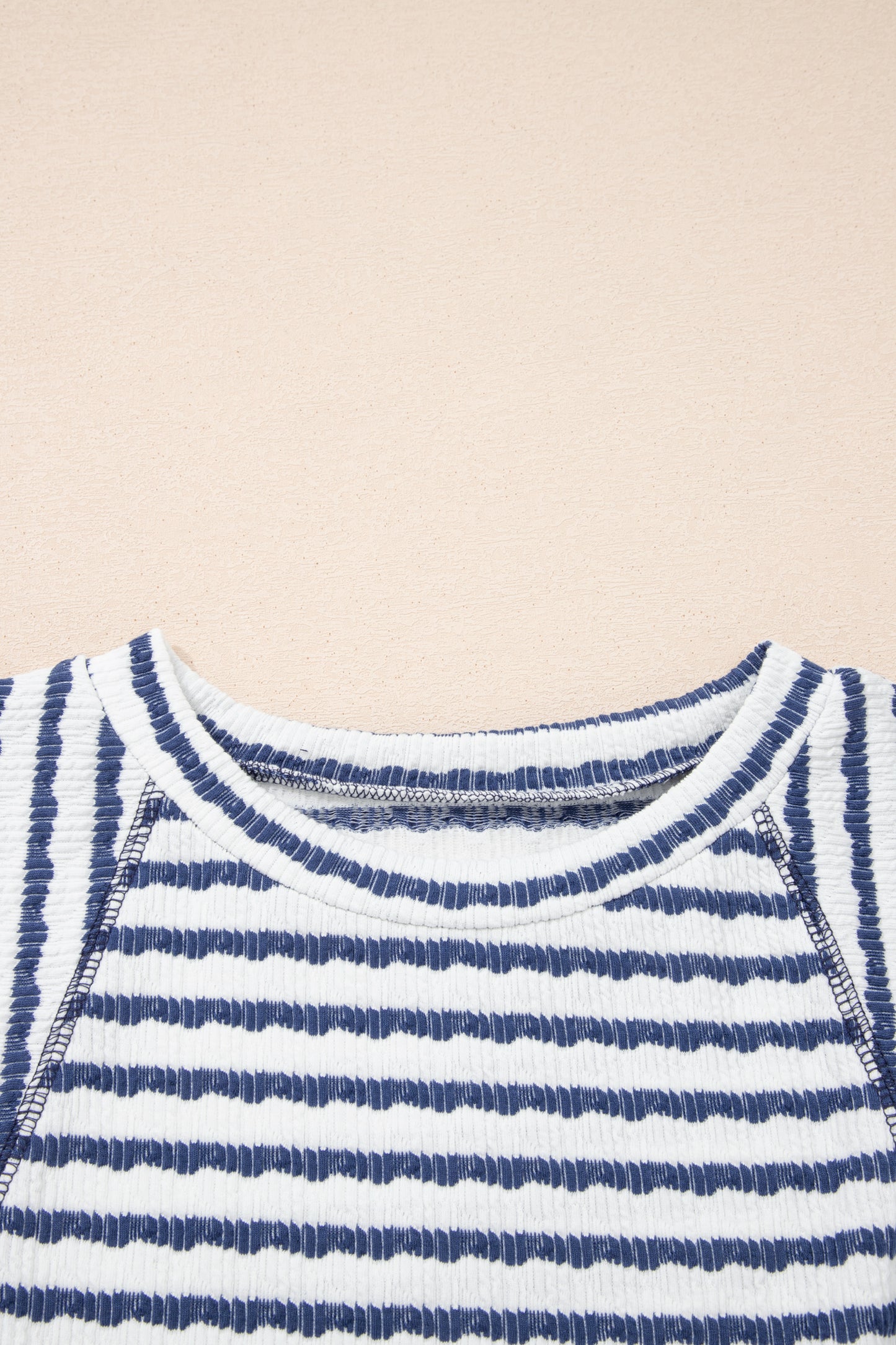 Blue Stripe Textured Knit Split Hem Half Sleeve Loose Top-Tops/Tops & Tees-[Adult]-[Female]-2022 Online Blue Zone Planet