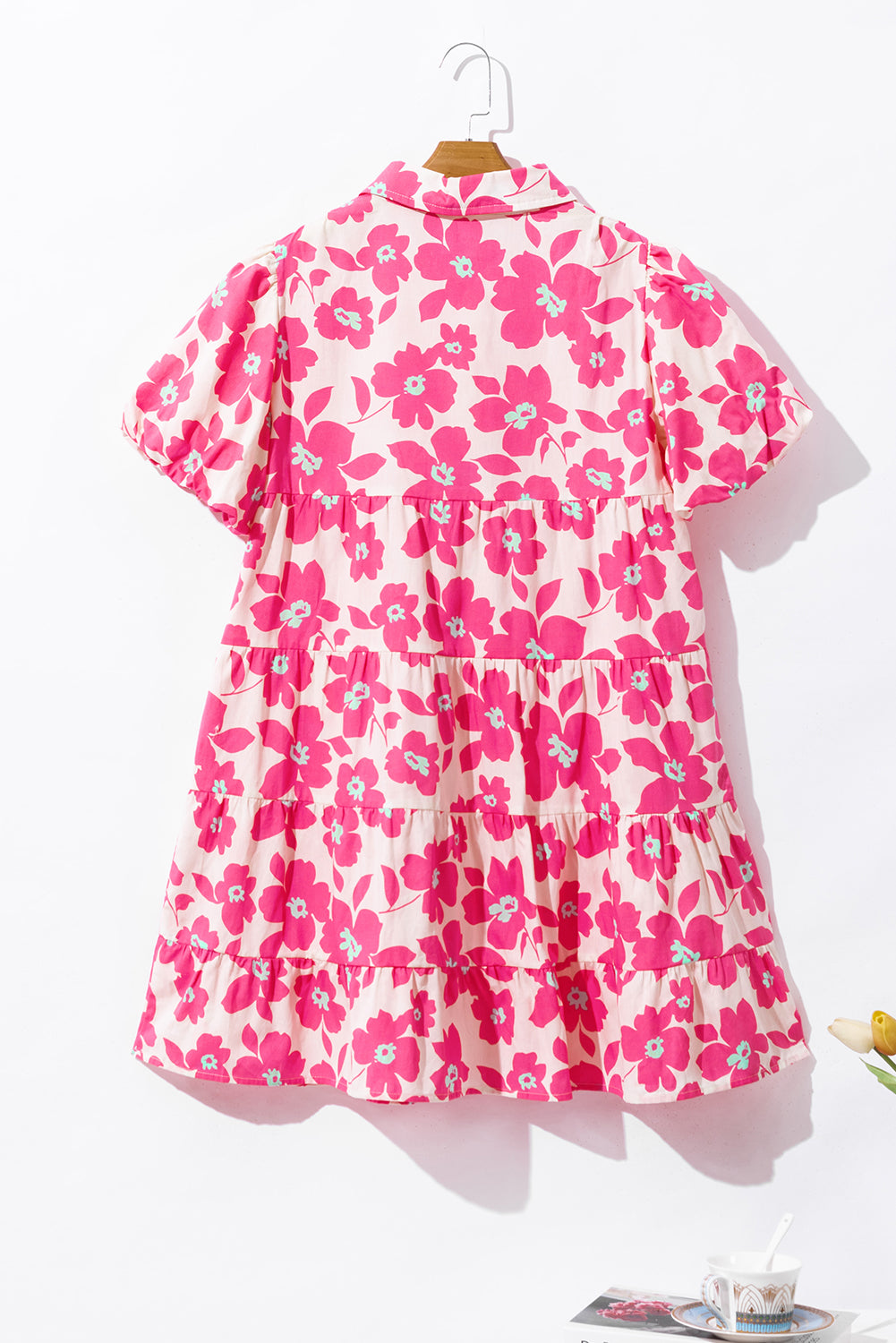 Blue Zone Planet | Pink Floral Tiered Puff Sleeve Mini Shirt Dress-TOPS / DRESSES-[Adult]-[Female]-2022 Online Blue Zone Planet