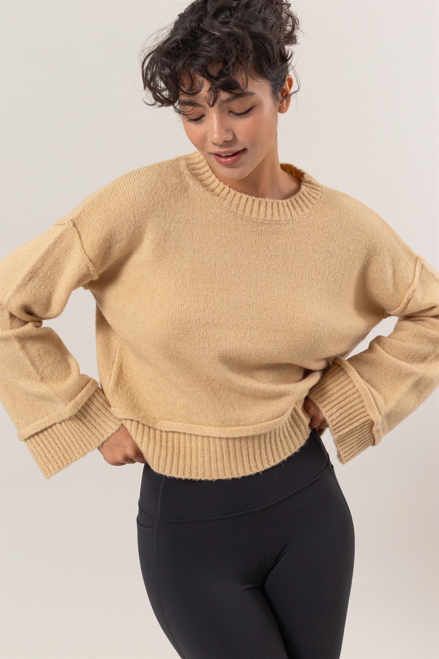 HYFVE Round Neck Dropped Shoulder Ribbed Sweater-TOPS / DRESSES-[Adult]-[Female]-Taupe-S-2022 Online Blue Zone Planet