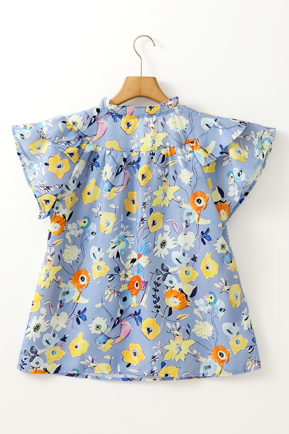 Sky Blue Flutter Sleeve V Neck Floral Top-Tops/Blouses & Shirts-[Adult]-[Female]-2022 Online Blue Zone Planet