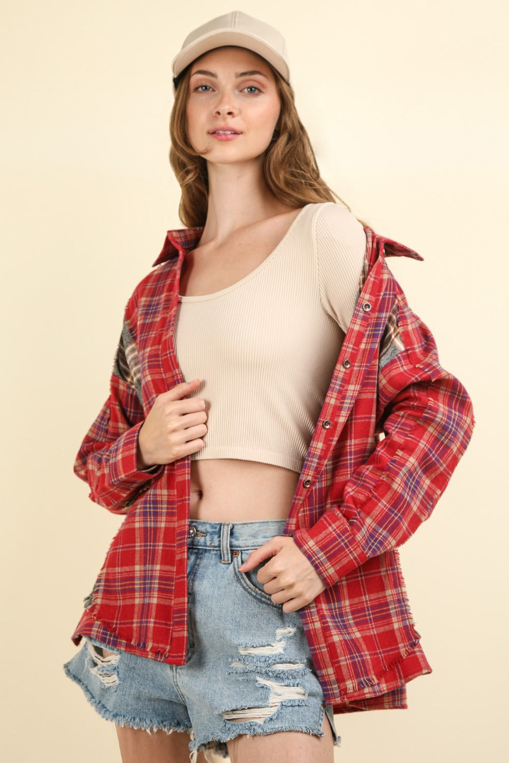 VERY J Contrast Plaid Raw Detail Shirt-TOPS / DRESSES-[Adult]-[Female]-2022 Online Blue Zone Planet