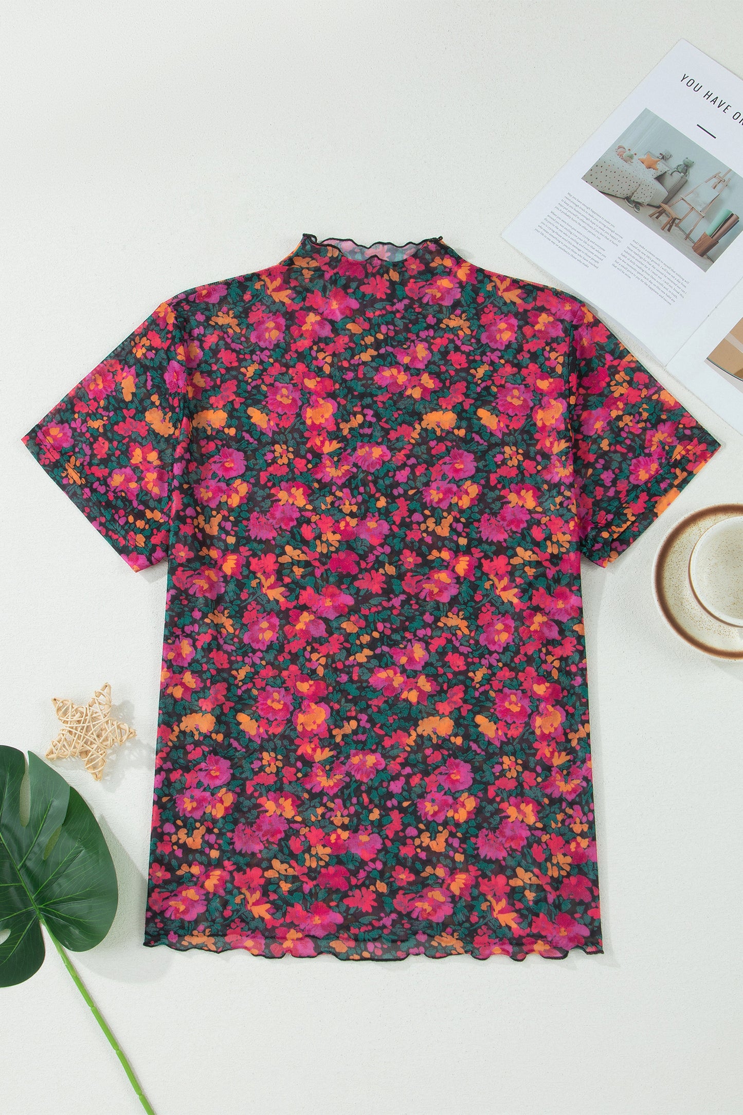 Rose Plus Size Floral Mesh Short Sleeve Top-Plus Size/Plus Size Tops/Plus Size Tops & Tees-[Adult]-[Female]-2022 Online Blue Zone Planet