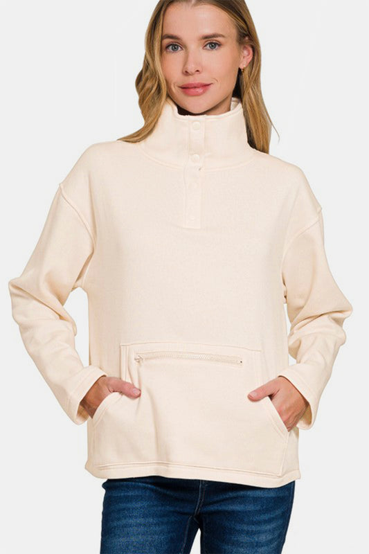 Blue Zone Planet | Zenana Turtleneck Half Snap Fleece Sweatshirt-TOPS / DRESSES-[Adult]-[Female]-Cream-S-2022 Online Blue Zone Planet