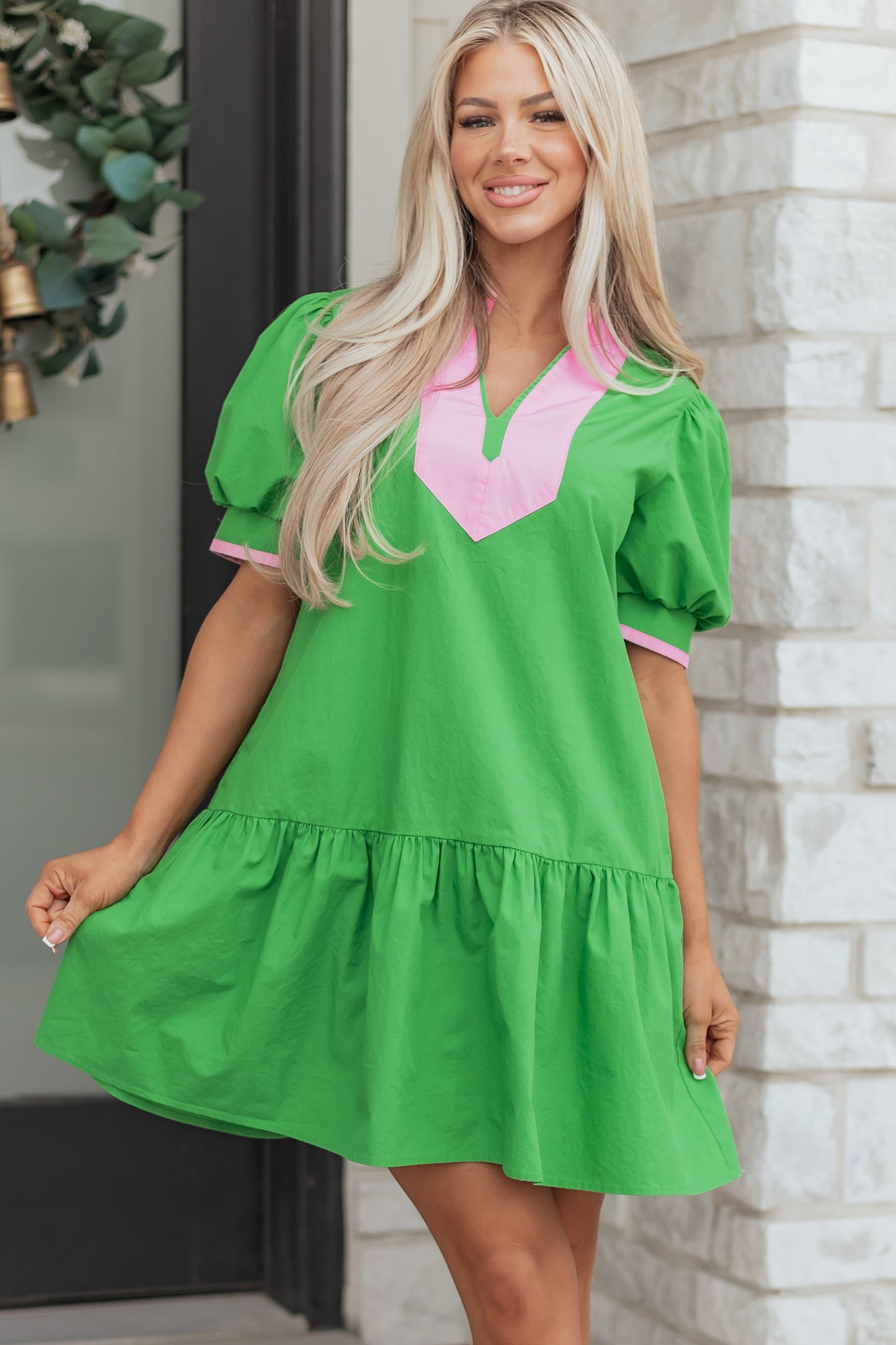 Bright Green Color Block Detail Split Neck Short Puff Sleeve Ruffle Hem Mini Dress-TOPS / DRESSES-[Adult]-[Female]-2022 Online Blue Zone Planet