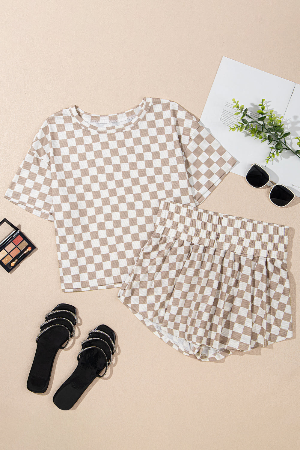 Brown Checkerboard T Shirt And High Waist Skorts 2 Piece Outfit-Two Piece Sets/Short Sets-[Adult]-[Female]-2022 Online Blue Zone Planet