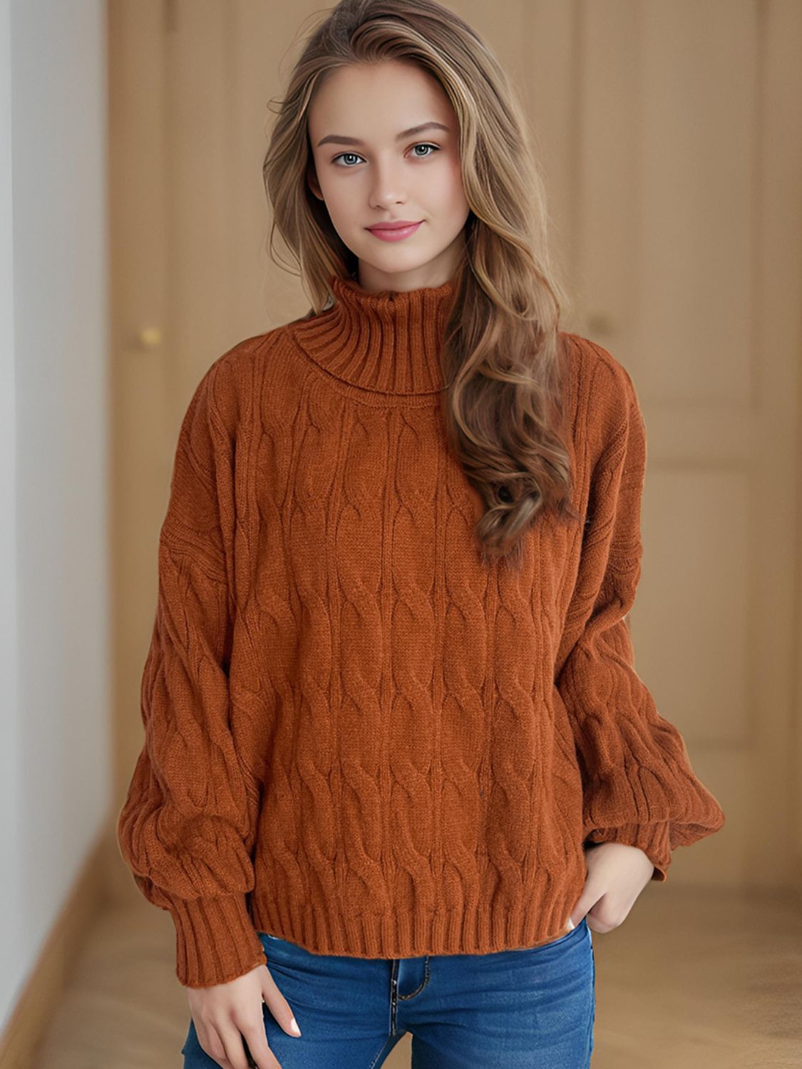 Cable-Knit Turtleneck Long Sleeve Sweater-TOPS / DRESSES-[Adult]-[Female]-Caramel-One Size-2022 Online Blue Zone Planet