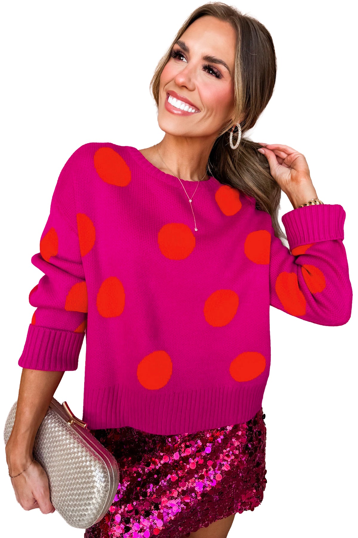 Strawberry Pink Playful Cozy Polka Dot Sweater-Sweaters & Cardigans/Sweaters-[Adult]-[Female]-2022 Online Blue Zone Planet