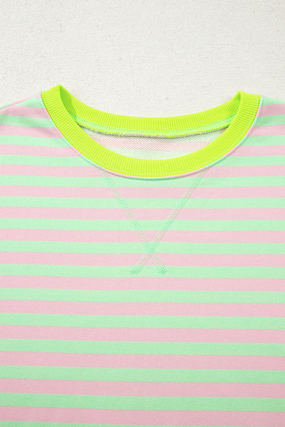 Green Stripe Contrast Ribbed Trim Crossed Stitch Drop Shoulder Sweatshirt-Tops/Sweatshirts & Hoodies-[Adult]-[Female]-2022 Online Blue Zone Planet