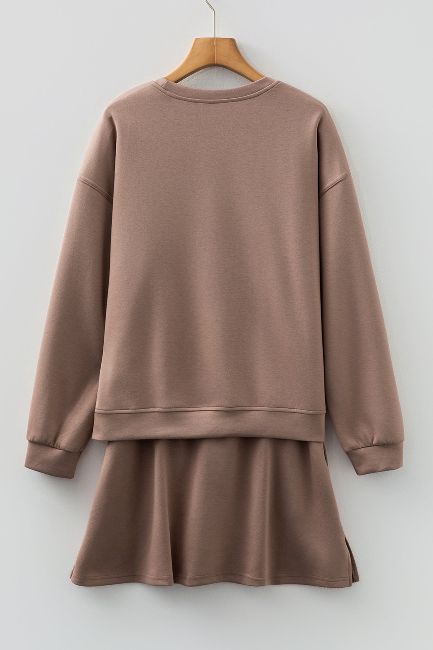 Coffee Solid Color Drop Shoulder Pullover Drawstring Mini Skirt 2pcs Outfit-Two Piece Sets/Two Piece Dresses-[Adult]-[Female]-2022 Online Blue Zone Planet