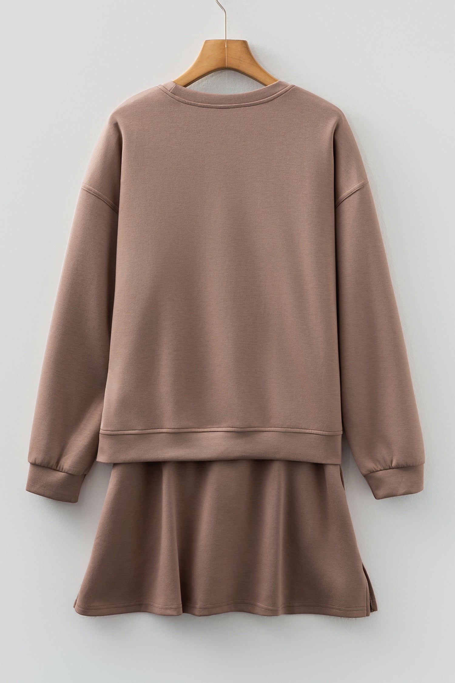 Coffee Solid Color Drop Shoulder Pullover Drawstring Mini Skirt 2pcs Outfit-Two Piece Sets/Two Piece Dresses-[Adult]-[Female]-2022 Online Blue Zone Planet