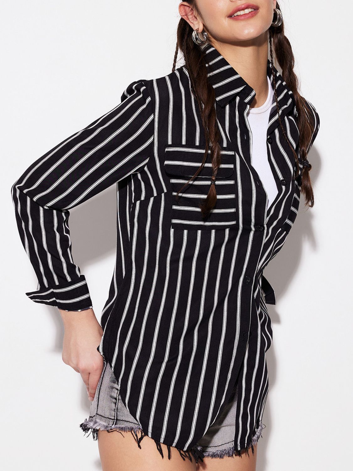 Striped Collared Neck Long Sleeve Shirt-TOPS / DRESSES-[Adult]-[Female]-2022 Online Blue Zone Planet