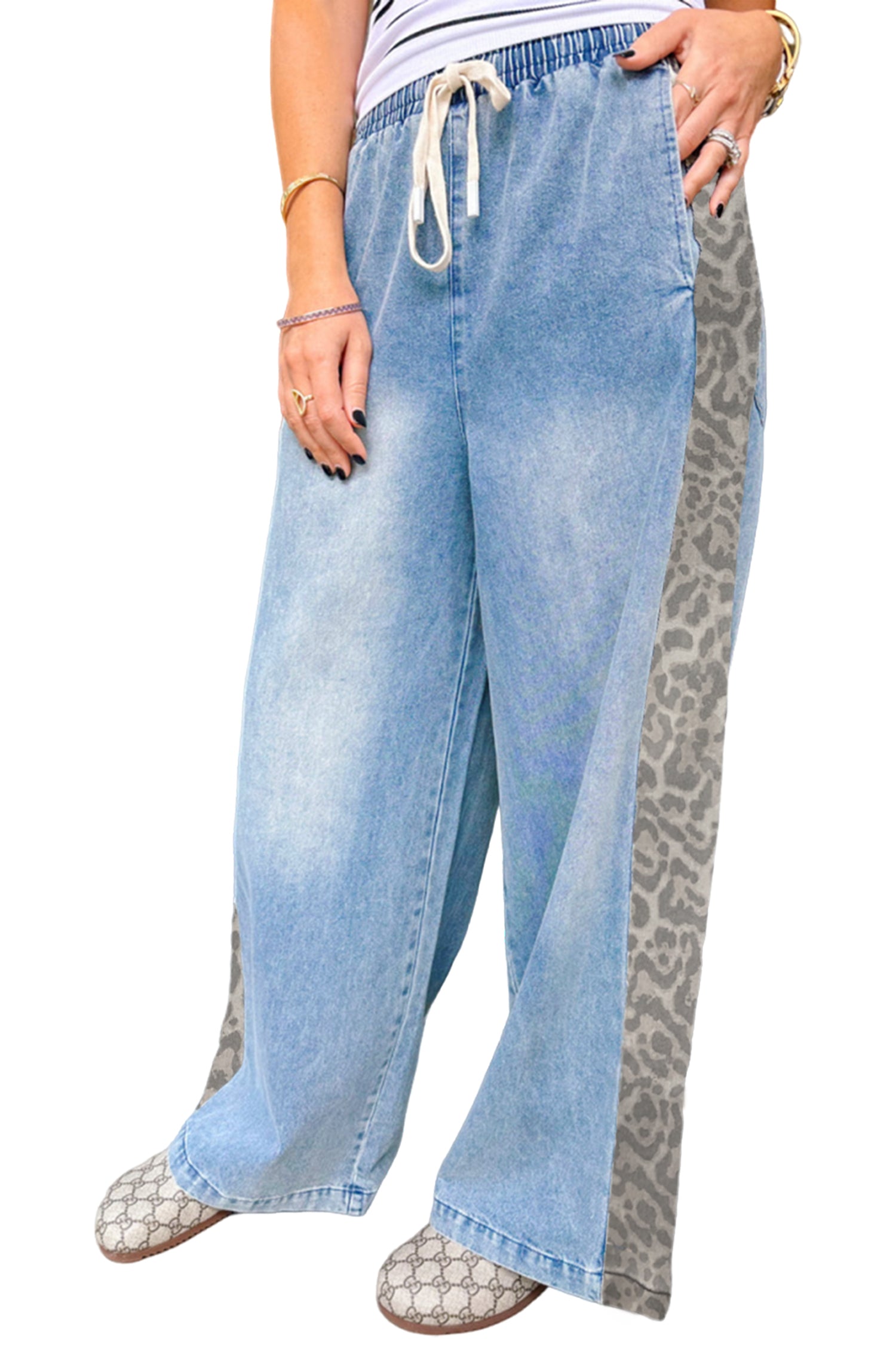 Beau Blue Drawstring Elastic Waist Leopard Striped Side Panel Wide Leg Jeans-Bottoms/Jeans-[Adult]-[Female]-2022 Online Blue Zone Planet
