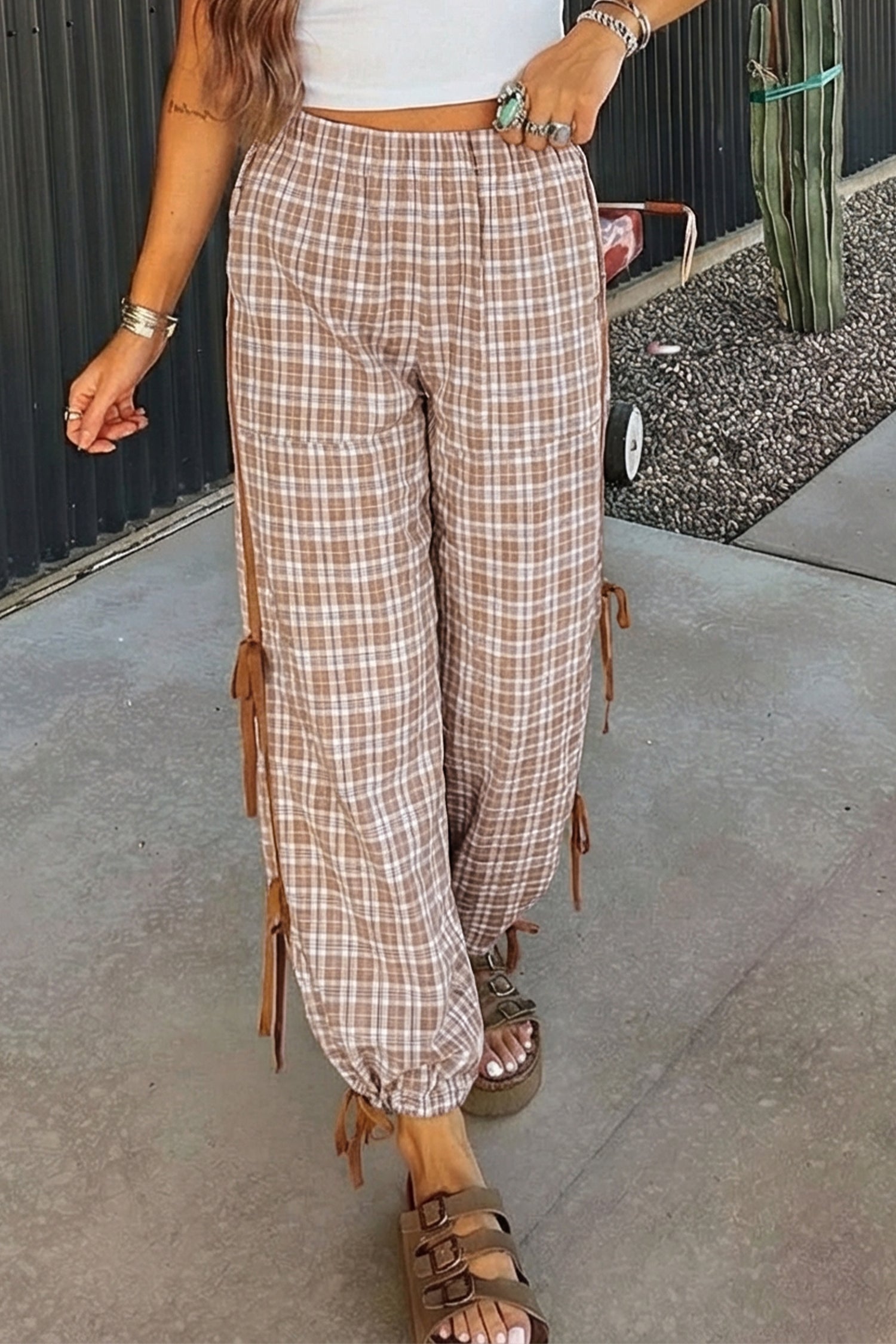 Chestnut Plaid Print Elastic Waist Bow Tie Contrast Detail Jogger Pants-Bottoms/Pants & Culotte-[Adult]-[Female]-Chestnut-S-2022 Online Blue Zone Planet