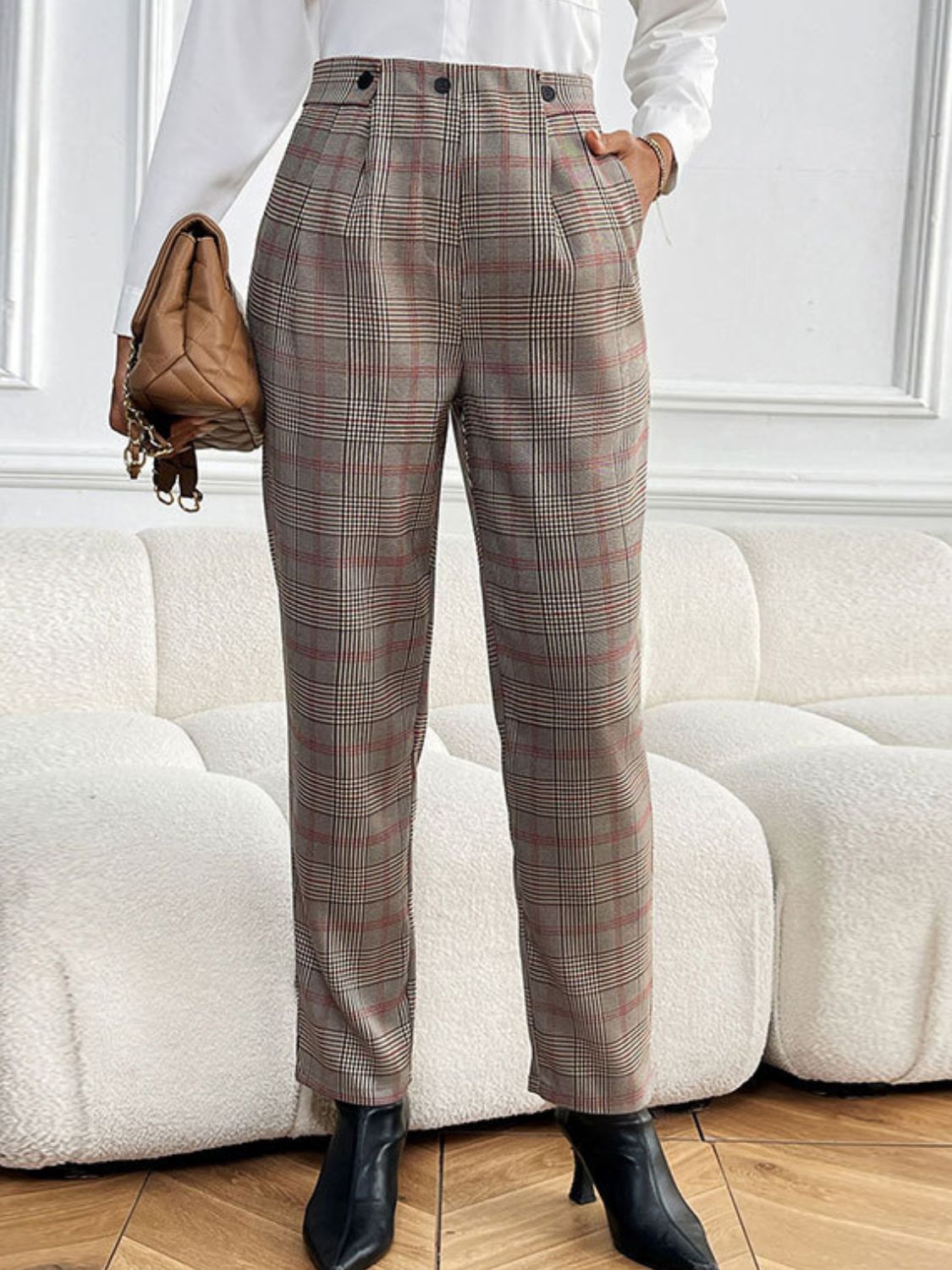 Perfee Plaid Straight Pants with Pockets-BOTTOMS SIZES SMALL MEDIUM LARGE-[Adult]-[Female]-2022 Online Blue Zone Planet