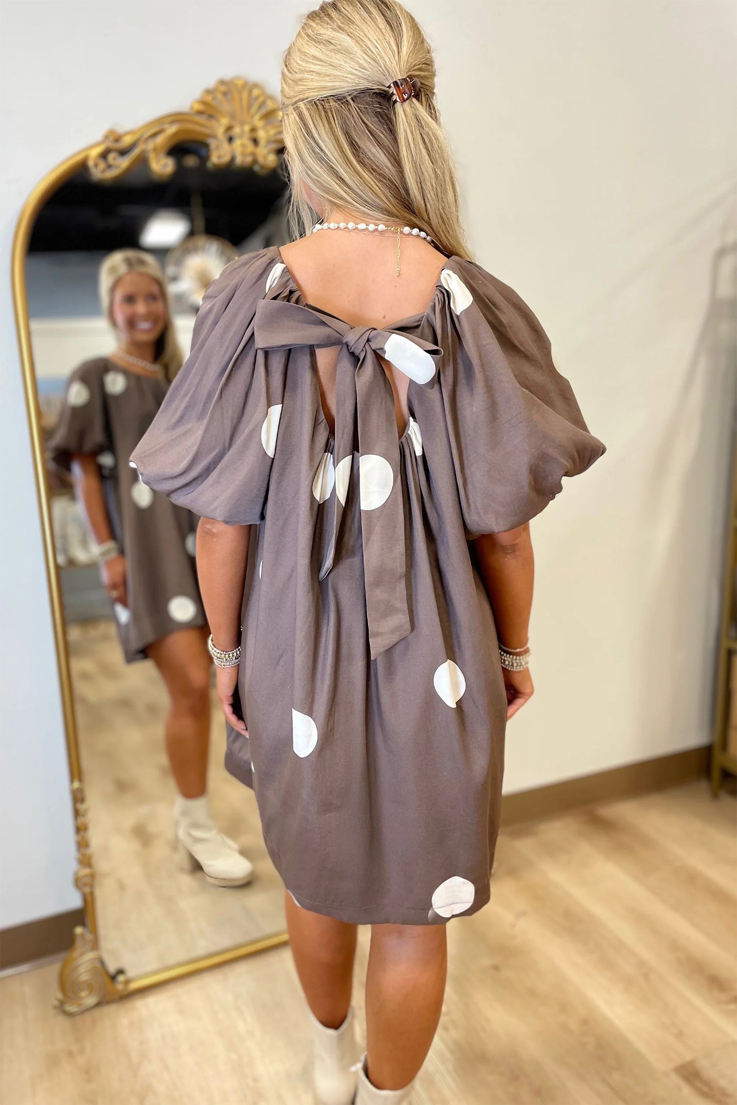 Brown Polka Dot Print Knot Back Short Puff Sleeve Loose Mini Dress-Dresses/Midi Dresses-[Adult]-[Female]-2022 Online Blue Zone Planet