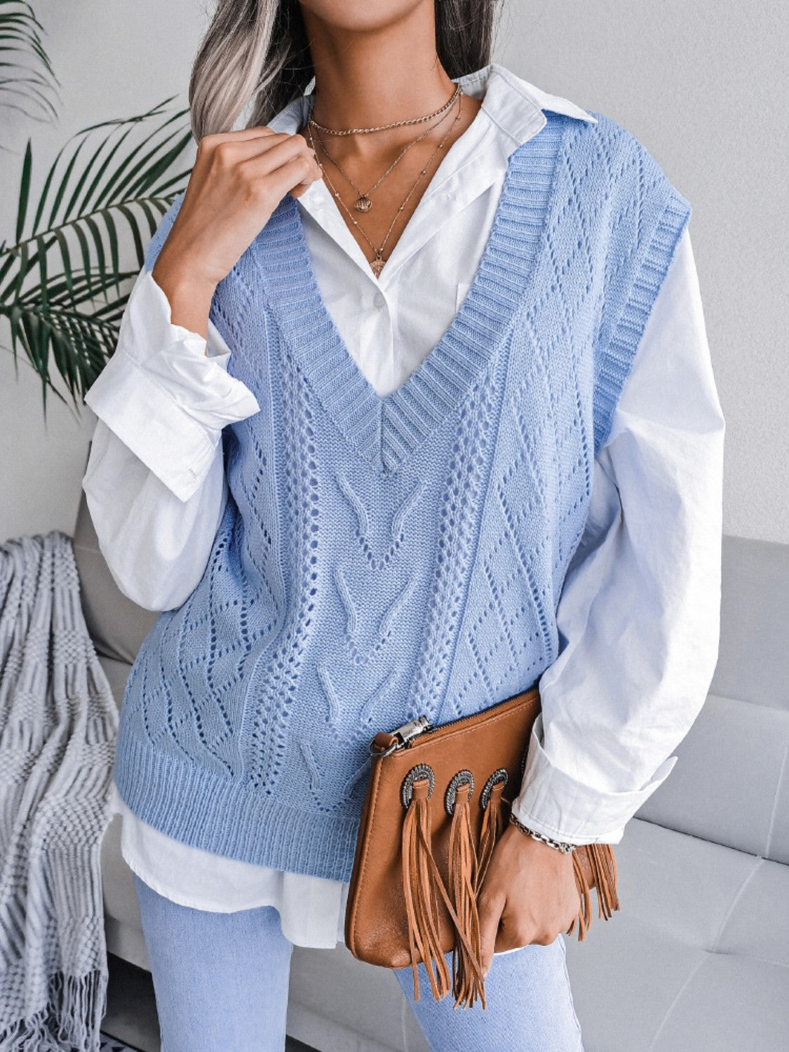 Openwork V-Neck Sweater Vest-TOPS / DRESSES-[Adult]-[Female]-Light Blue-S-2022 Online Blue Zone Planet