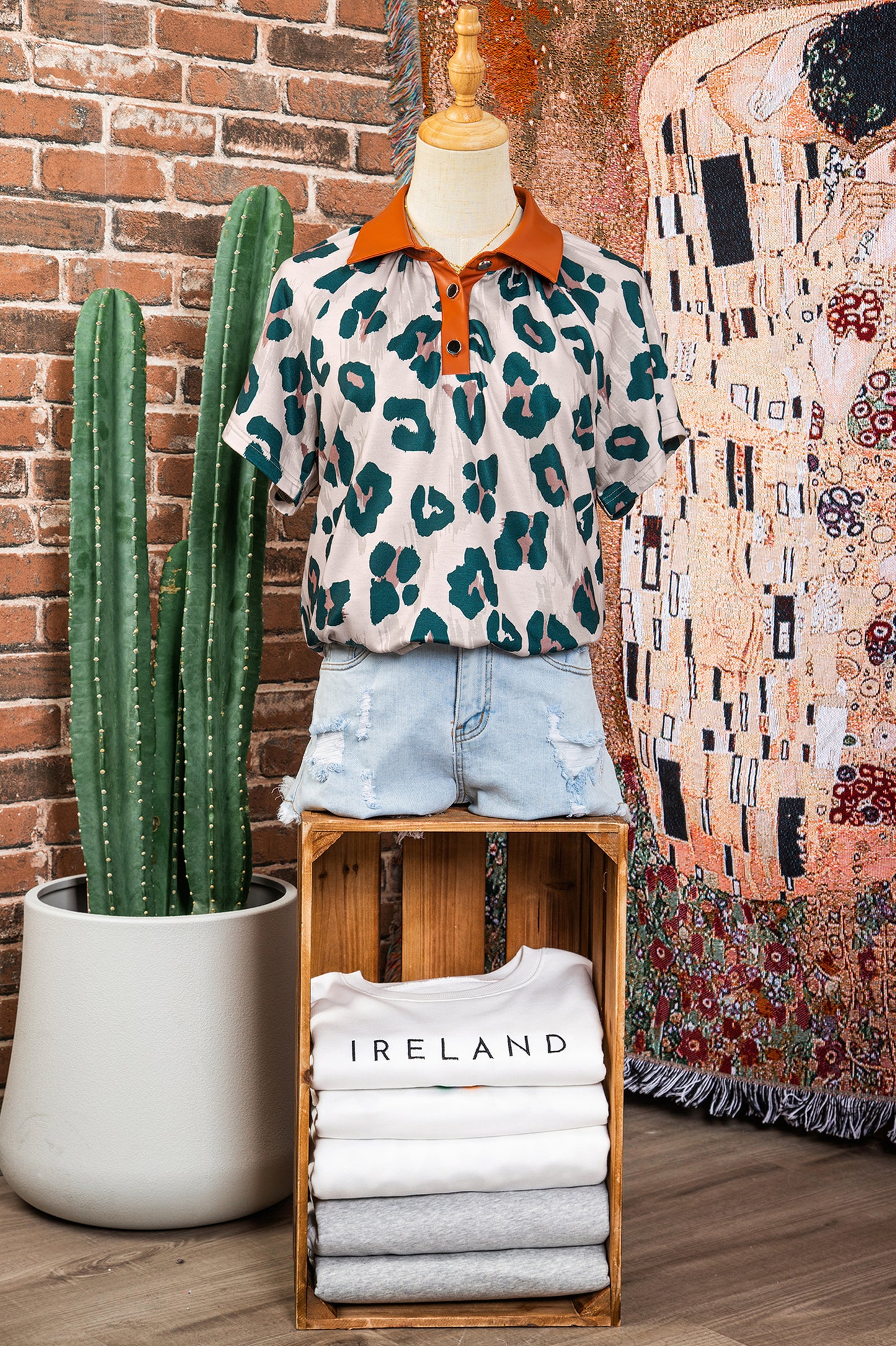 Casual Unique Leopard Print Button Contrast Collared Short Sleeve Blouse-Tops/Blouses & Shirts-[Adult]-[Female]-2022 Online Blue Zone Planet