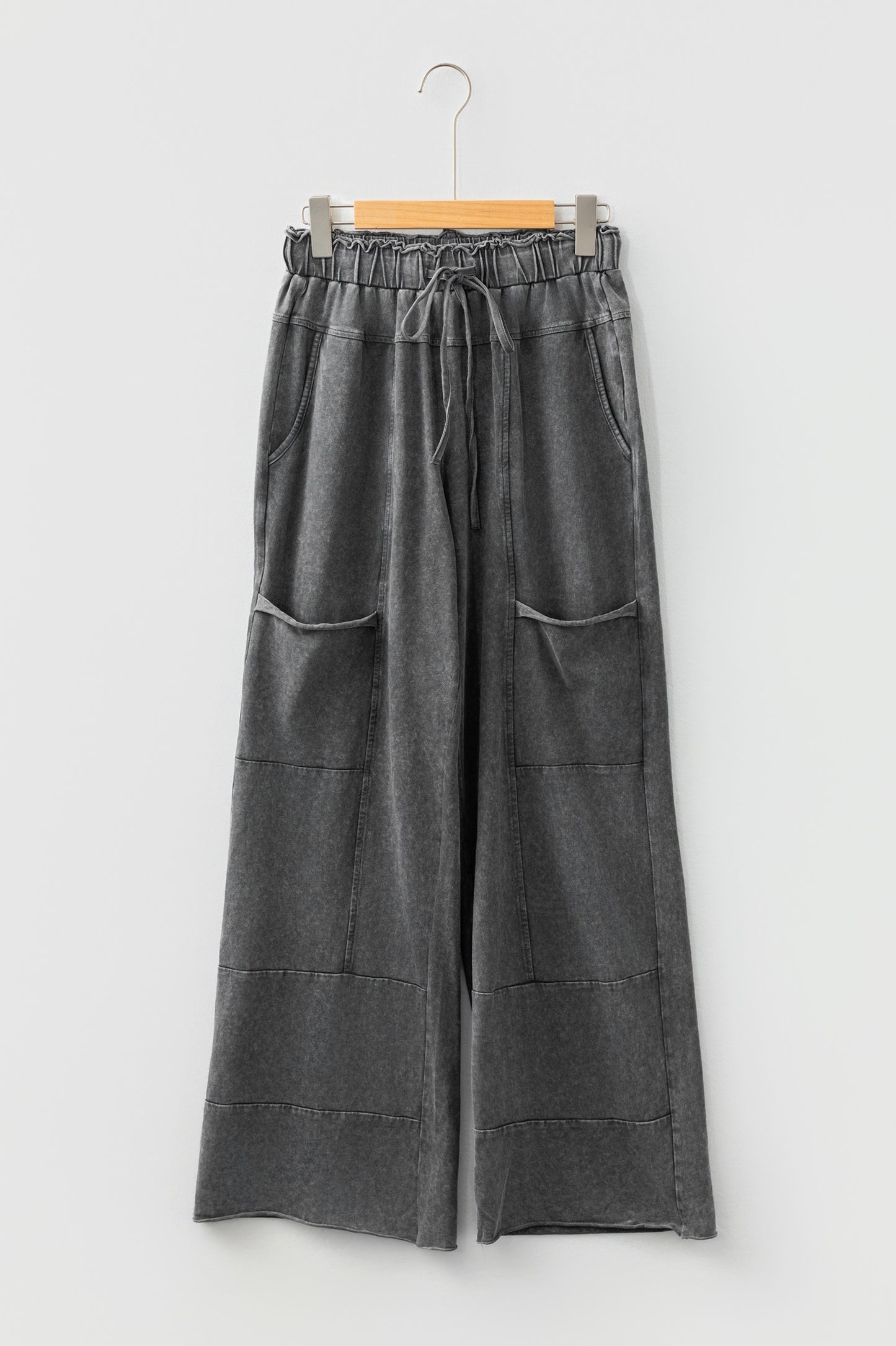 Medium Grey Mineral Wash Lace-Up High Waist Raw Hem Patched Pocket Pants-Bottoms/Pants & Culotte-[Adult]-[Female]-2022 Online Blue Zone Planet