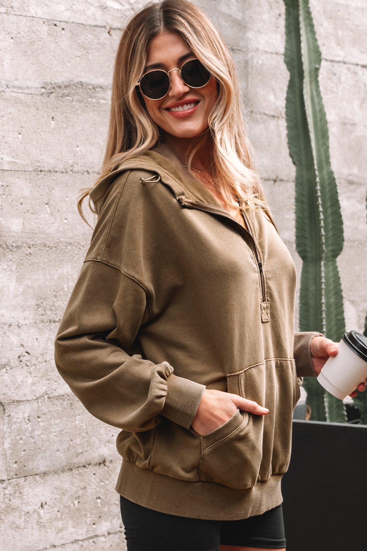 Elmwood Half Zip Kangaroo Pocket Mineral Wash Baggy Hoodie-Tops / Dresses-[Adult]-[Female]-2022 Online Blue Zone Planet