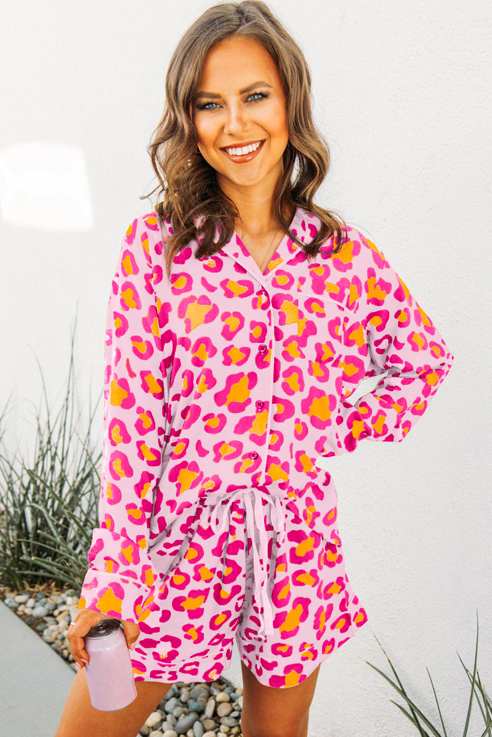Pink Leopard Print Long Sleeve Shirt and Shorts Pajama Set-20% OFF-[Adult]-[Female]-2022 Online Blue Zone Planet