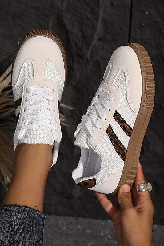 White Textured Woven Pu Leather Leopard Patchwork Flat Sneakers-Shoes & Bags/Womens Shoes-[Adult]-[Female]-White-37-2022 Online Blue Zone Planet