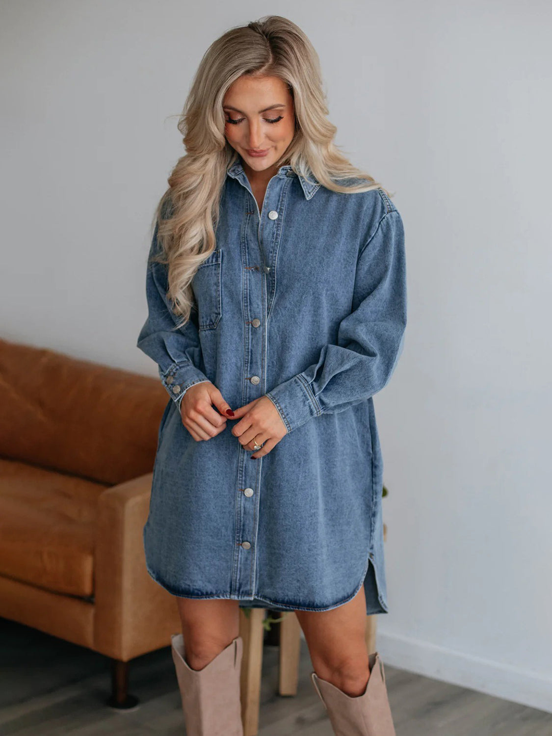 Blue Zone Planet | Button Up Collared Neck Long Sleeve Denim Dress-TOPS / DRESSES-[Adult]-[Female]-2022 Online Blue Zone Planet