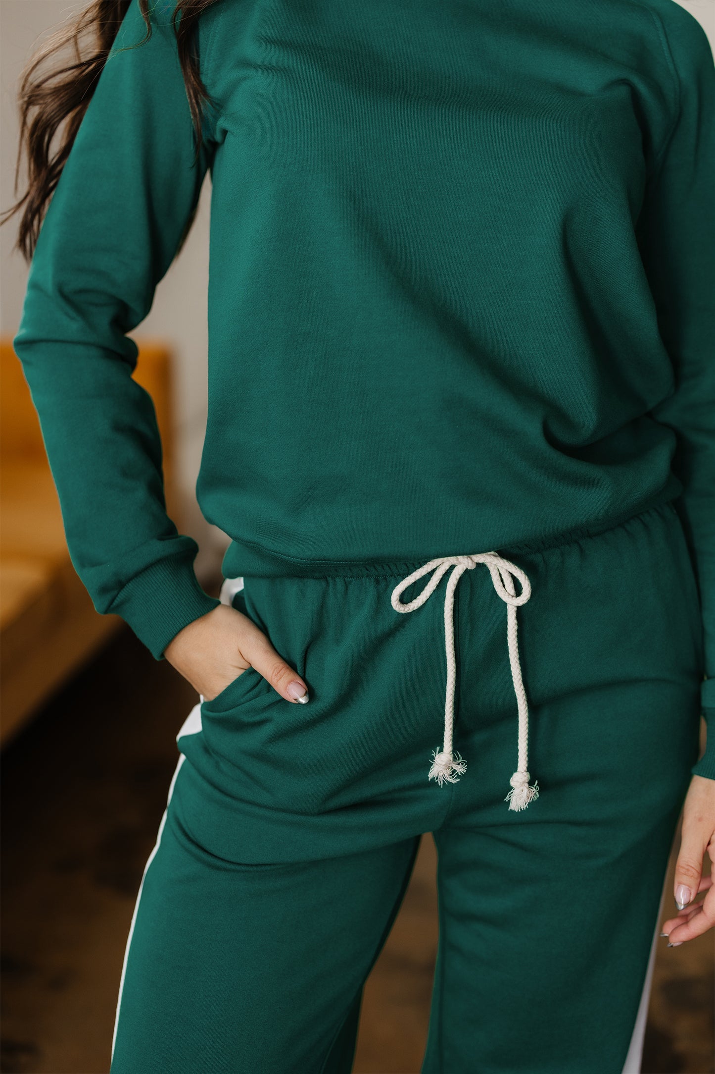 Sea Green Solid Color Pullover Top Varsity Stripe Detail Loose Drawstring Pants Set-Two Piece Sets/Pant Sets-[Adult]-[Female]-2022 Online Blue Zone Planet