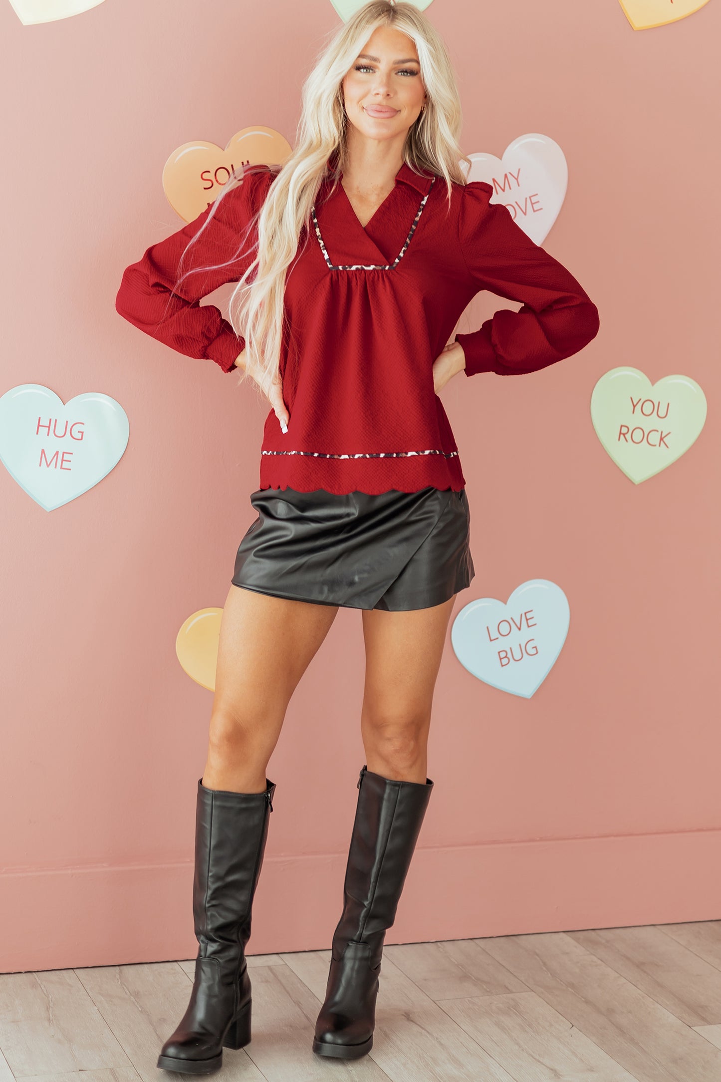 Fiery Red Collar V Neck Leopard Contrasted Trim Textured Blouse-Tops/Blouses & Shirts-[Adult]-[Female]-2022 Online Blue Zone Planet