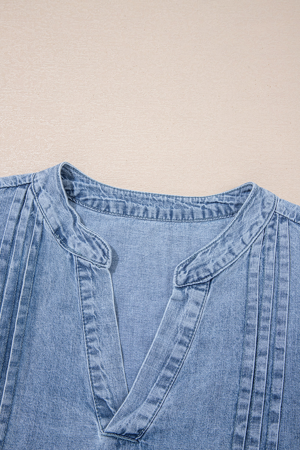 Myosotis Pintuck Pleats Puff Sleeve Split V Neck Summer Denim Top-Tops/Tops & Tees-[Adult]-[Female]-2022 Online Blue Zone Planet