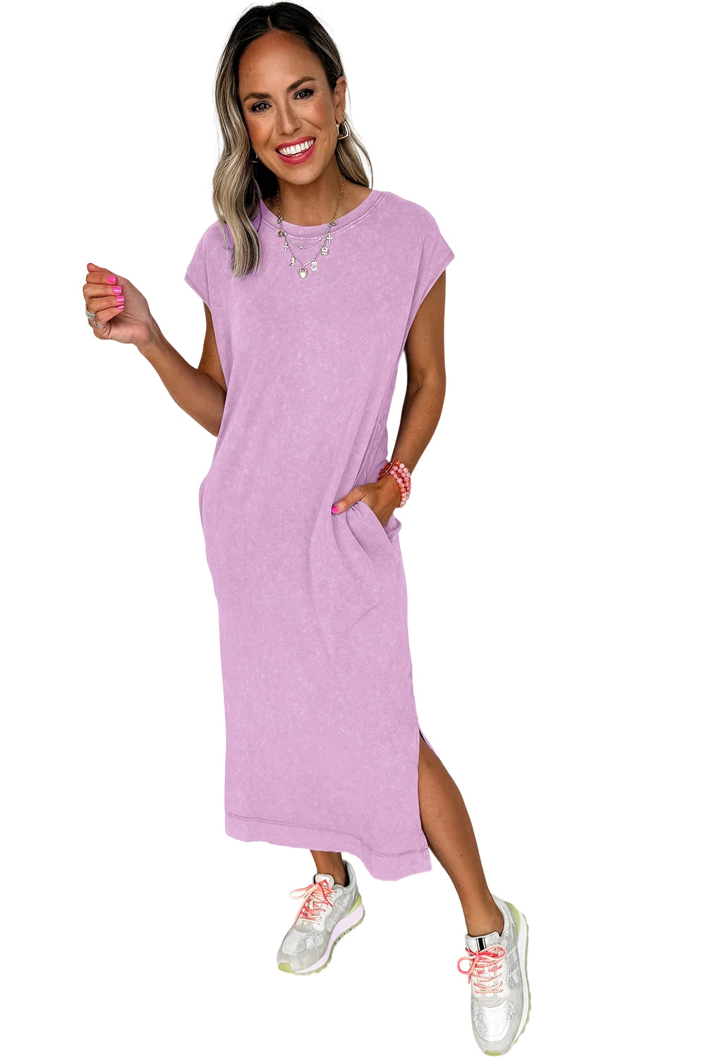 Wisteria Mineral Wash Pocketed T-shirt Dress-Midi Dresses-[Adult]-[Female]-2022 Online Blue Zone Planet
