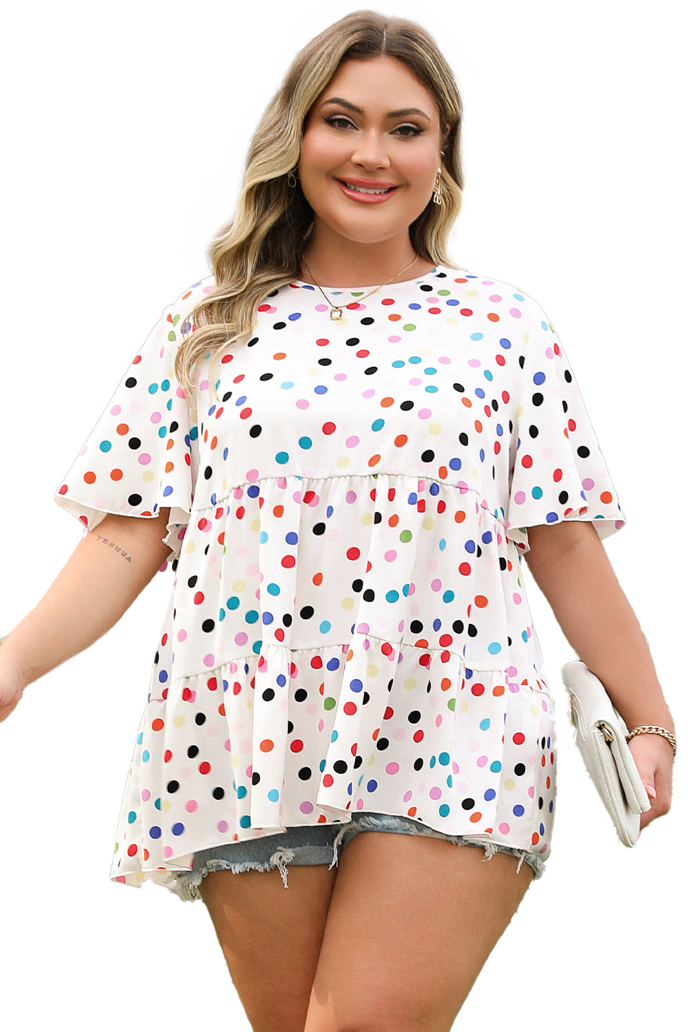 Beige Colorful Polka Dot Print Short Sleeve Ruffled Plus Size Babydoll Blouse-Plus Size/Plus Size Tops/Plus Size Blouses & Shirts-[Adult]-[Female]-2022 Online Blue Zone Planet