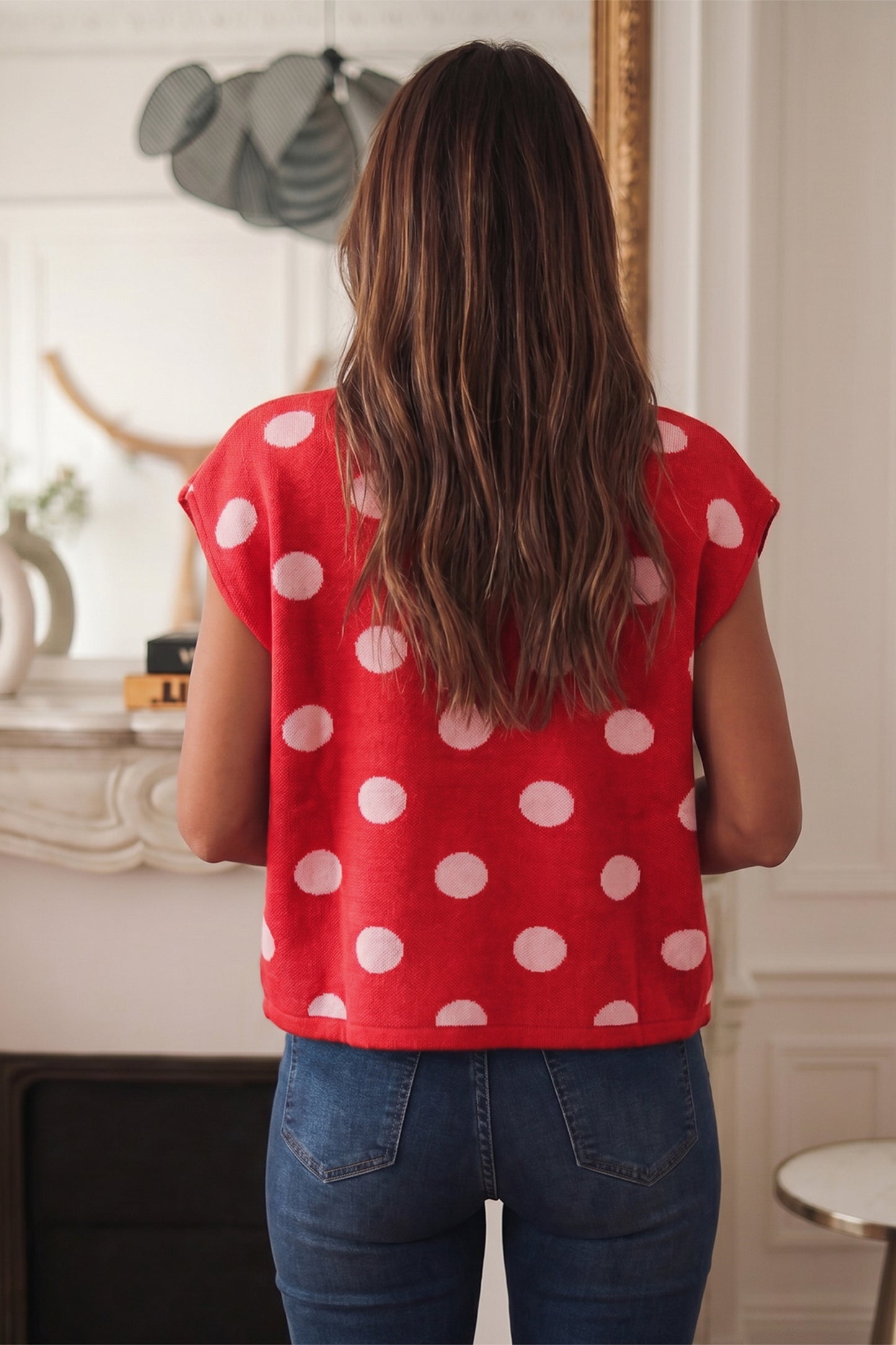 Red Polka Dot Sleeveless Knit Button Drop Shoulder Sweater Vest-TOPS / DRESSES-[Adult]-[Female]-2022 Online Blue Zone Planet
