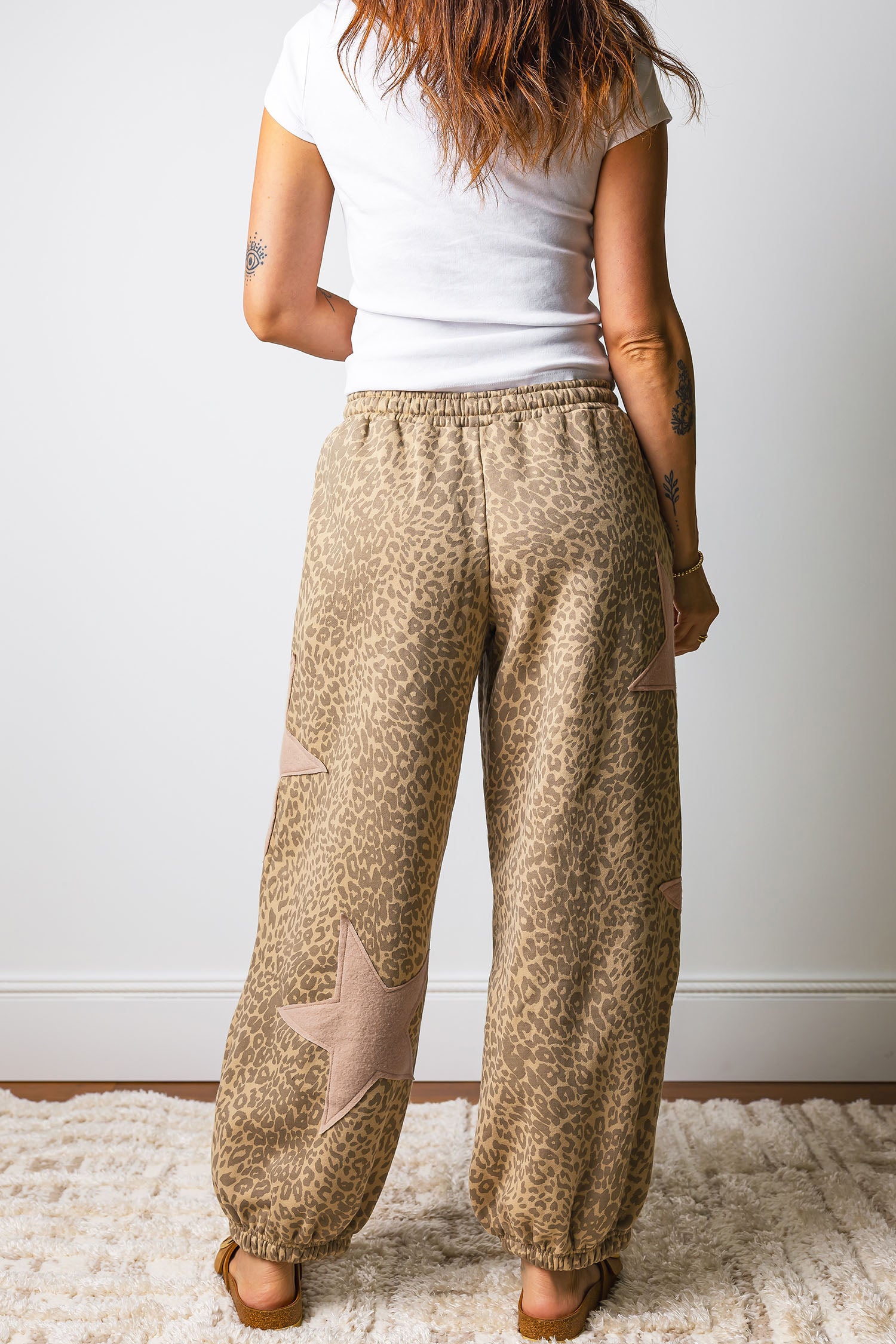 Khaki Leopard Print Star Patched Drawstring Elastic Waist Jogger Pants-Bottoms/Pants & Culotte-[Adult]-[Female]-2022 Online Blue Zone Planet
