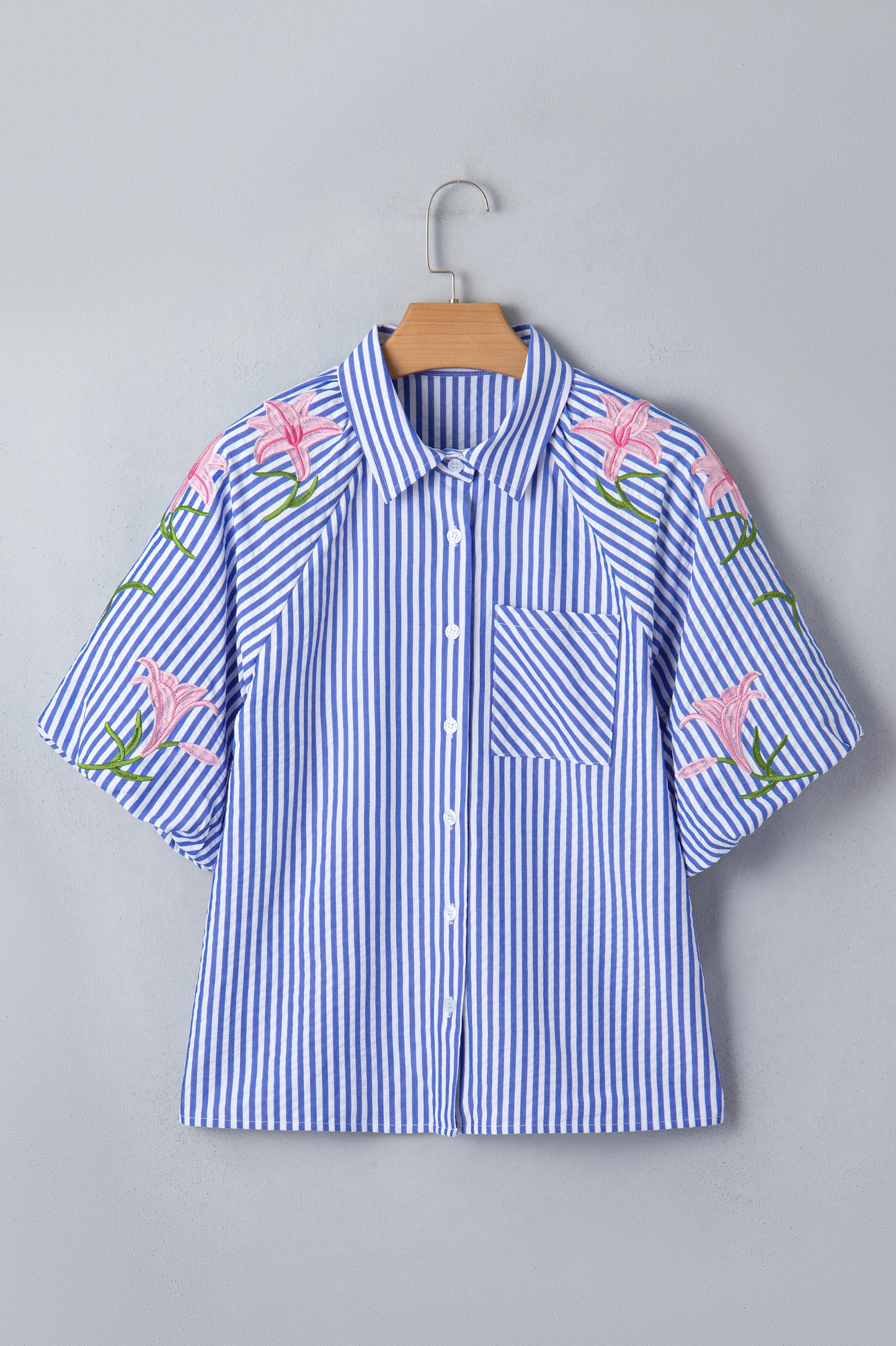 Sky Blue Stripe Lily Floral Embroidered Puff Sleeve Button Down Shirt-Tops/Blouses & Shirts-[Adult]-[Female]-2022 Online Blue Zone Planet