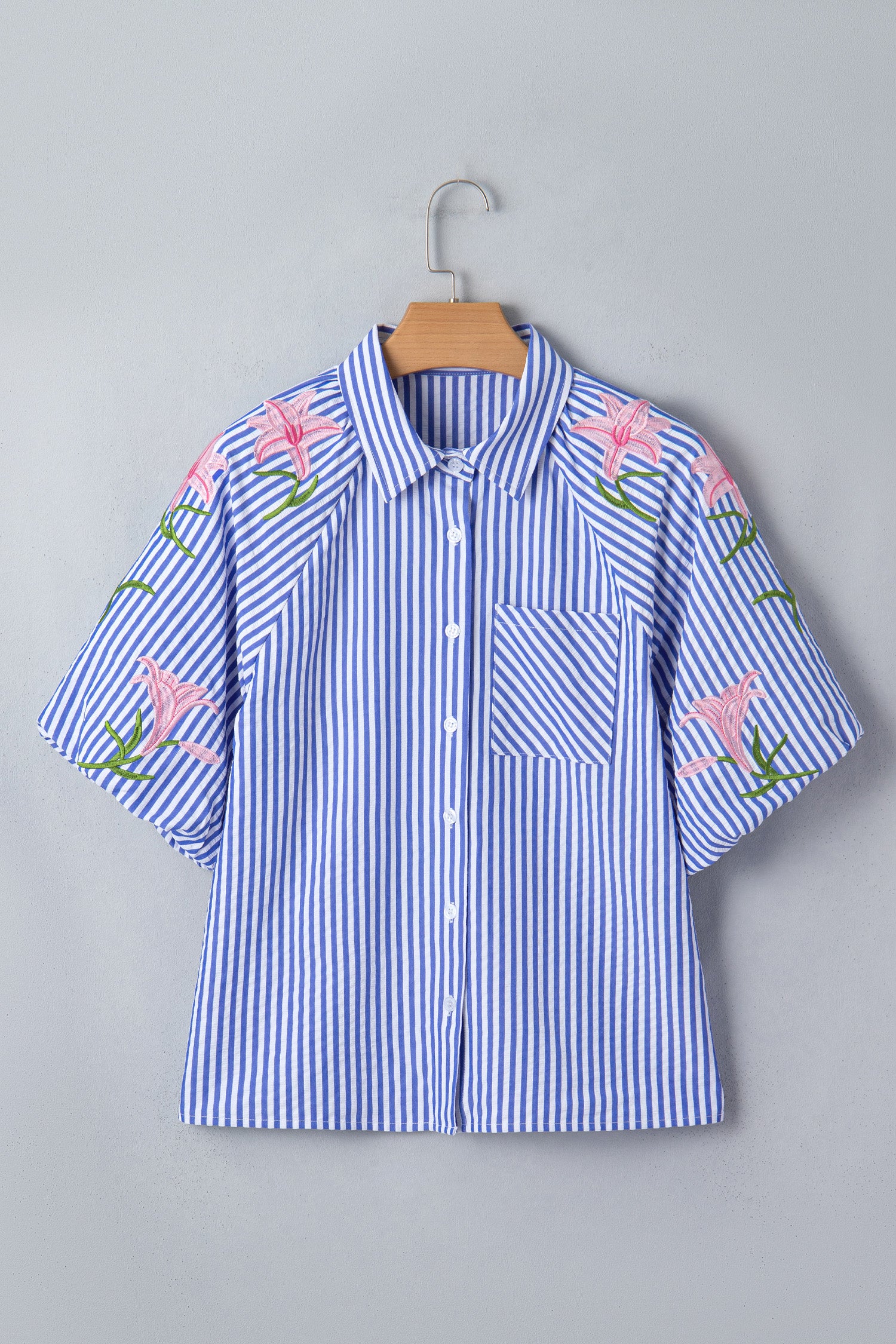 Sky Blue Stripe Lily Floral Embroidered Puff Sleeve Button Down Shirt-Tops/Blouses & Shirts-[Adult]-[Female]-2022 Online Blue Zone Planet
