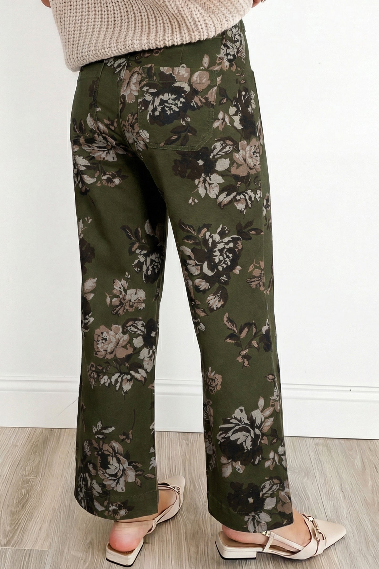 Green Vintage Floral Print Square Patch Pocket Raw Hem Shift Jeans-Bottoms/Jeans-[Adult]-[Female]-2022 Online Blue Zone Planet