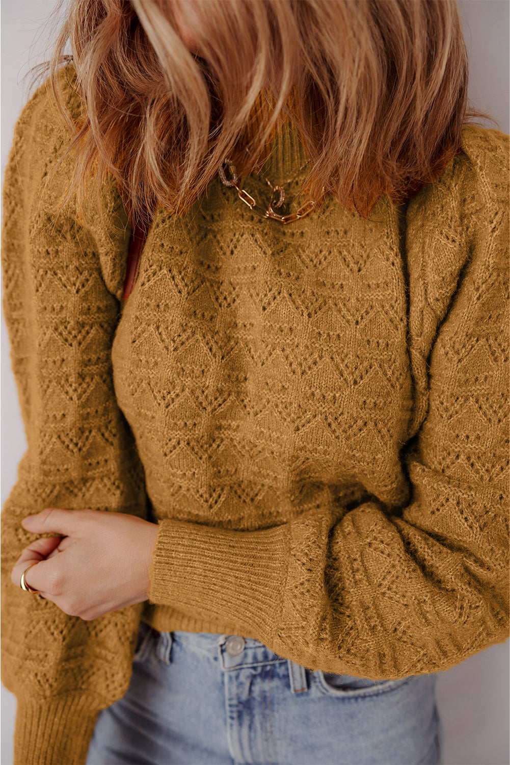 Jurassic Gold Hollow Out Crochet Ribbed Edge Balloon Sleeve Sweater-TOPS / DRESSES-[Adult]-[Female]-2022 Online Blue Zone Planet