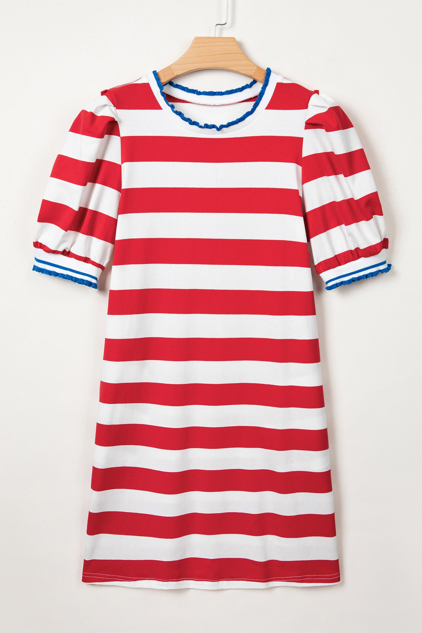 Blue Stripe Contrast Trim Round Neck Short Puff Sleeve Shift Mini Dress-TOPS / DRESSES-[Adult]-[Female]-2022 Online Blue Zone Planet