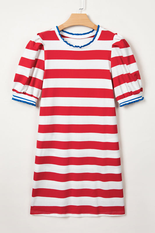 Blue Stripe Contrast Trim Round Neck Short Puff Sleeve Shift Mini Dress-TOPS / DRESSES-[Adult]-[Female]-2022 Online Blue Zone Planet