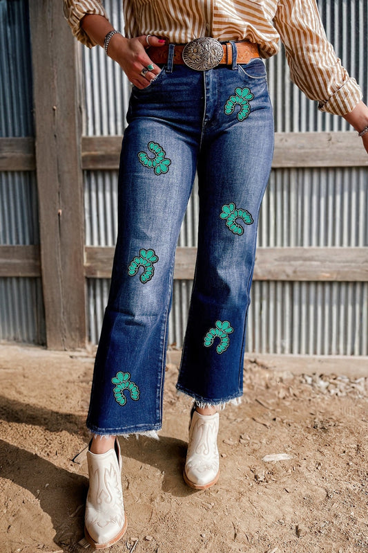 Sail Blue Turquoise Pattern Raw Edge Cropped High Waist Jeans-Graphic/Graphic Pants-[Adult]-[Female]-2022 Online Blue Zone Planet