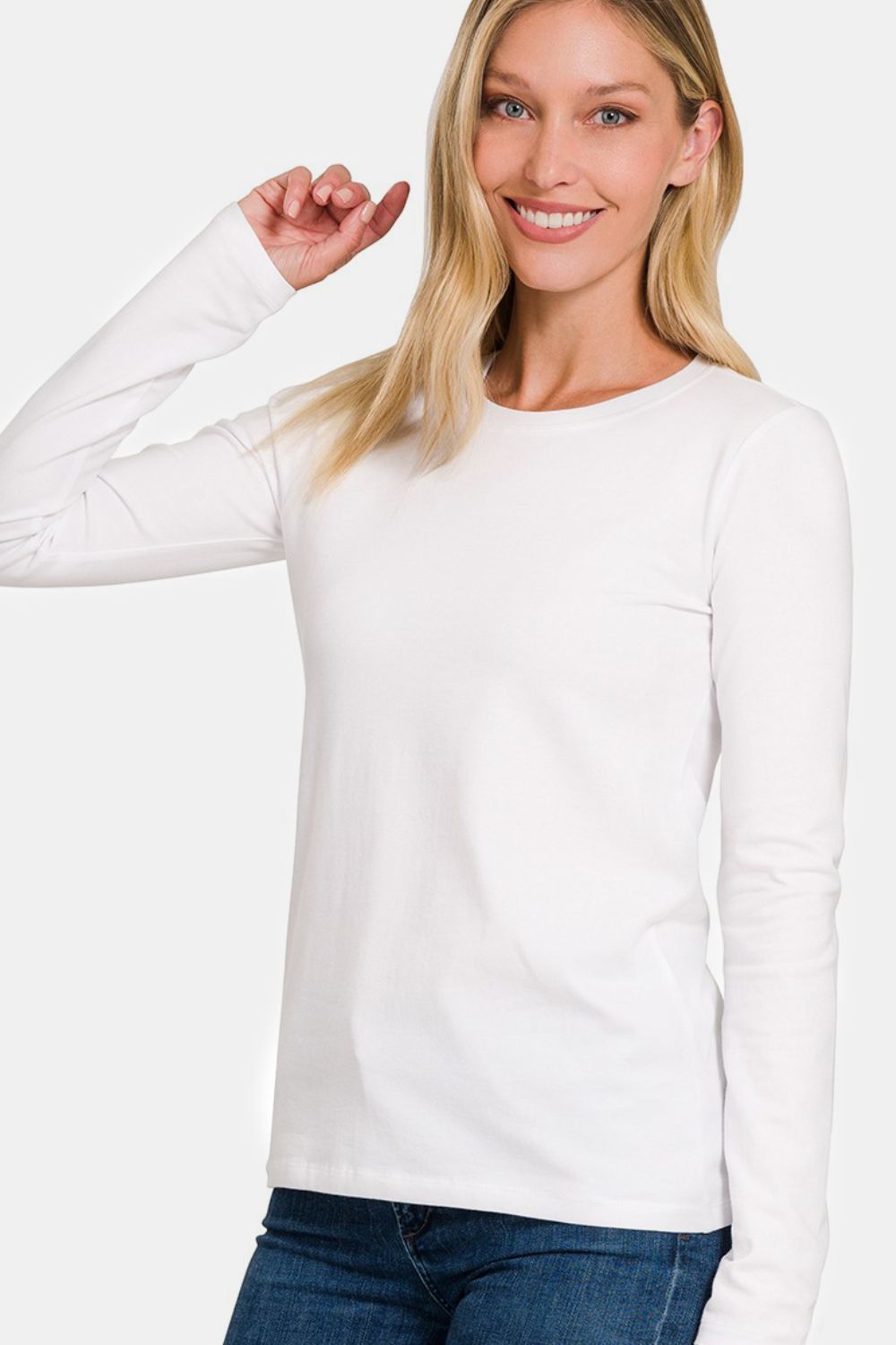 Blue Zone Planet | Zenana Full Size Solid Color Round Neck Long Sleeve T-Shirt-TOPS / DRESSES-[Adult]-[Female]-White-S-2022 Online Blue Zone Planet